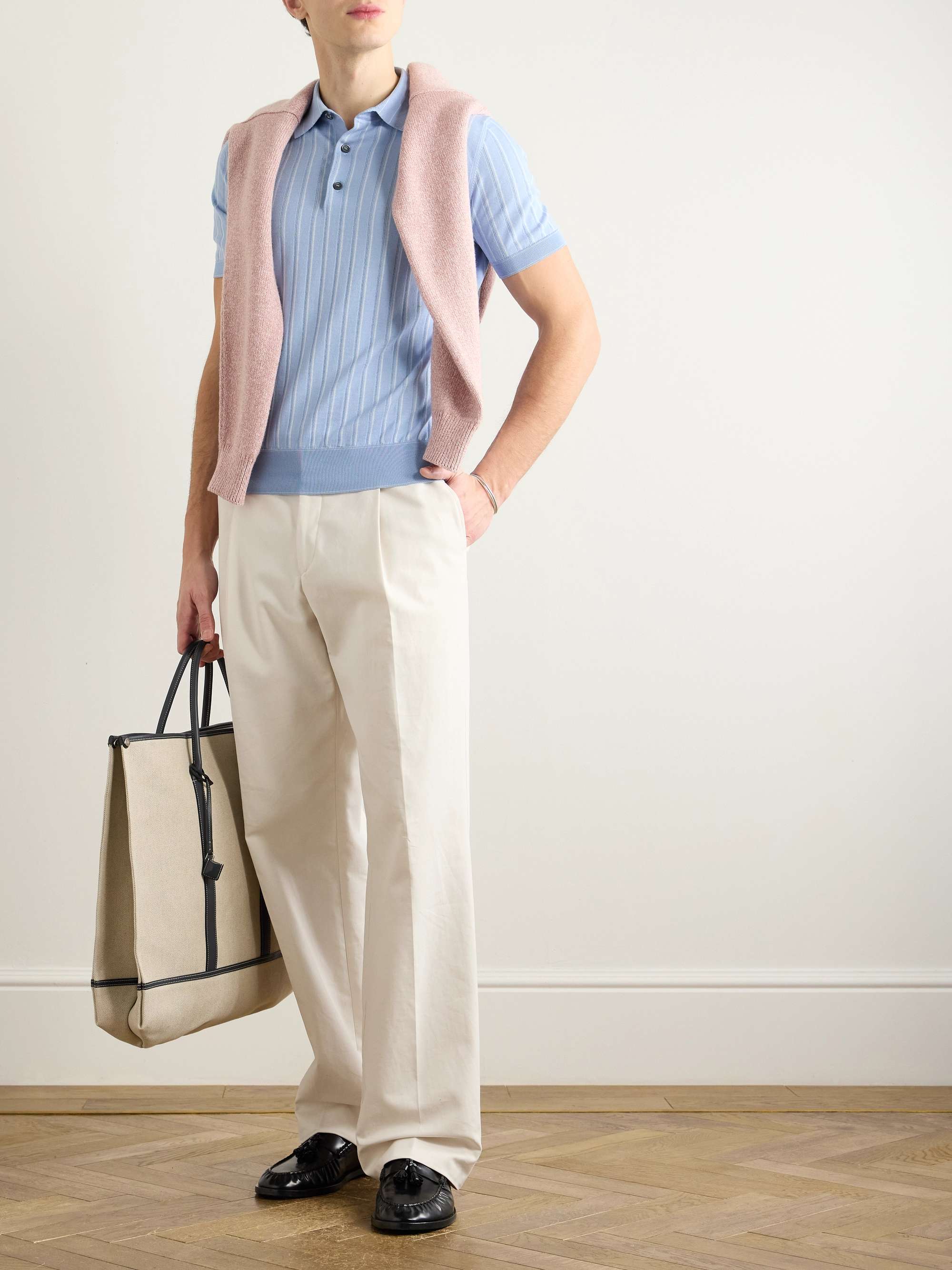 Slim-Fit Striped Pointelle-Knit Cotton, Silk and Linen-Blend Polo Shirt view