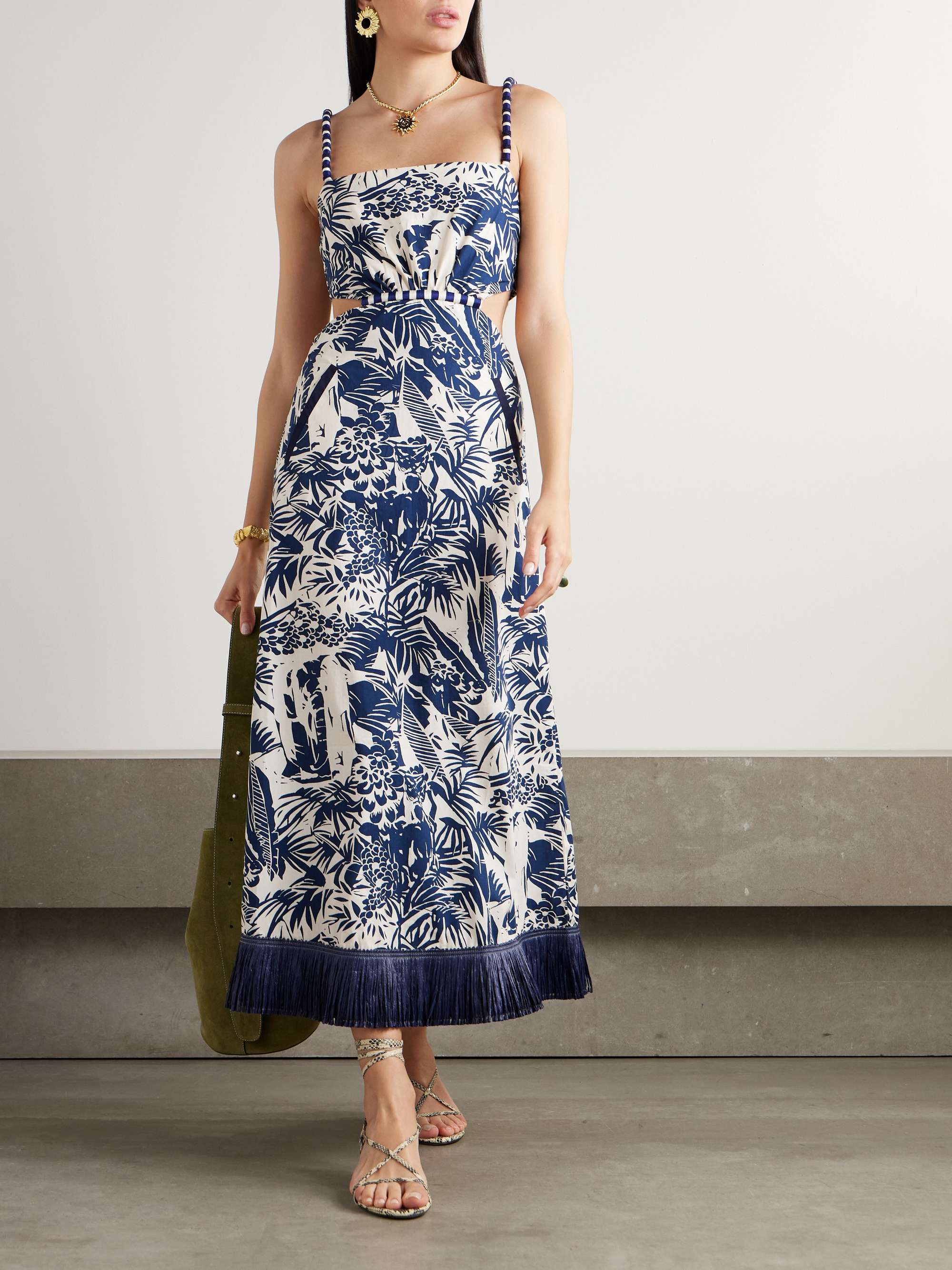 Harmony fringed embellished printed cotton-poplin midi dress view