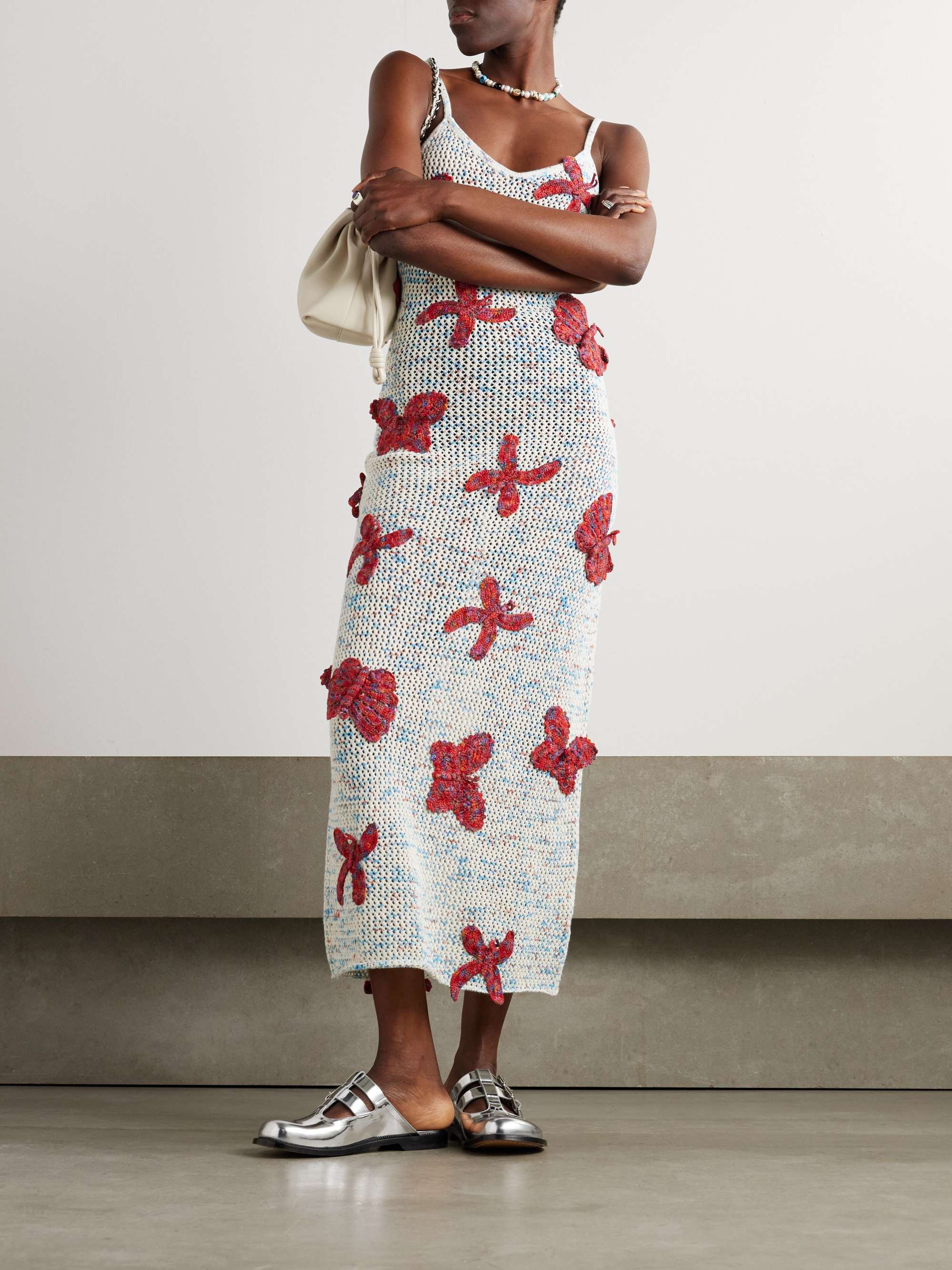 Butterfly appliquéd open-knit cotton midi dress view