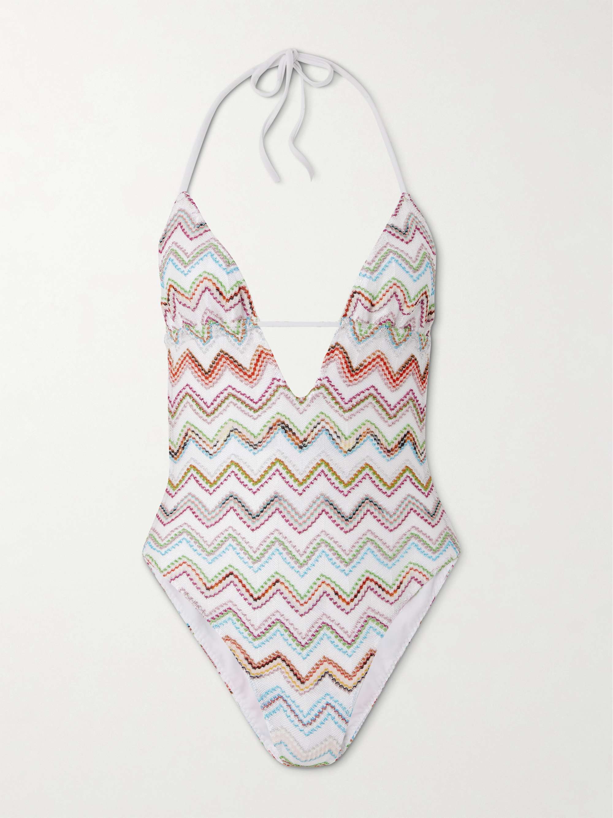 Striped metallic crochet-knit halterneck swimsuit hero visual