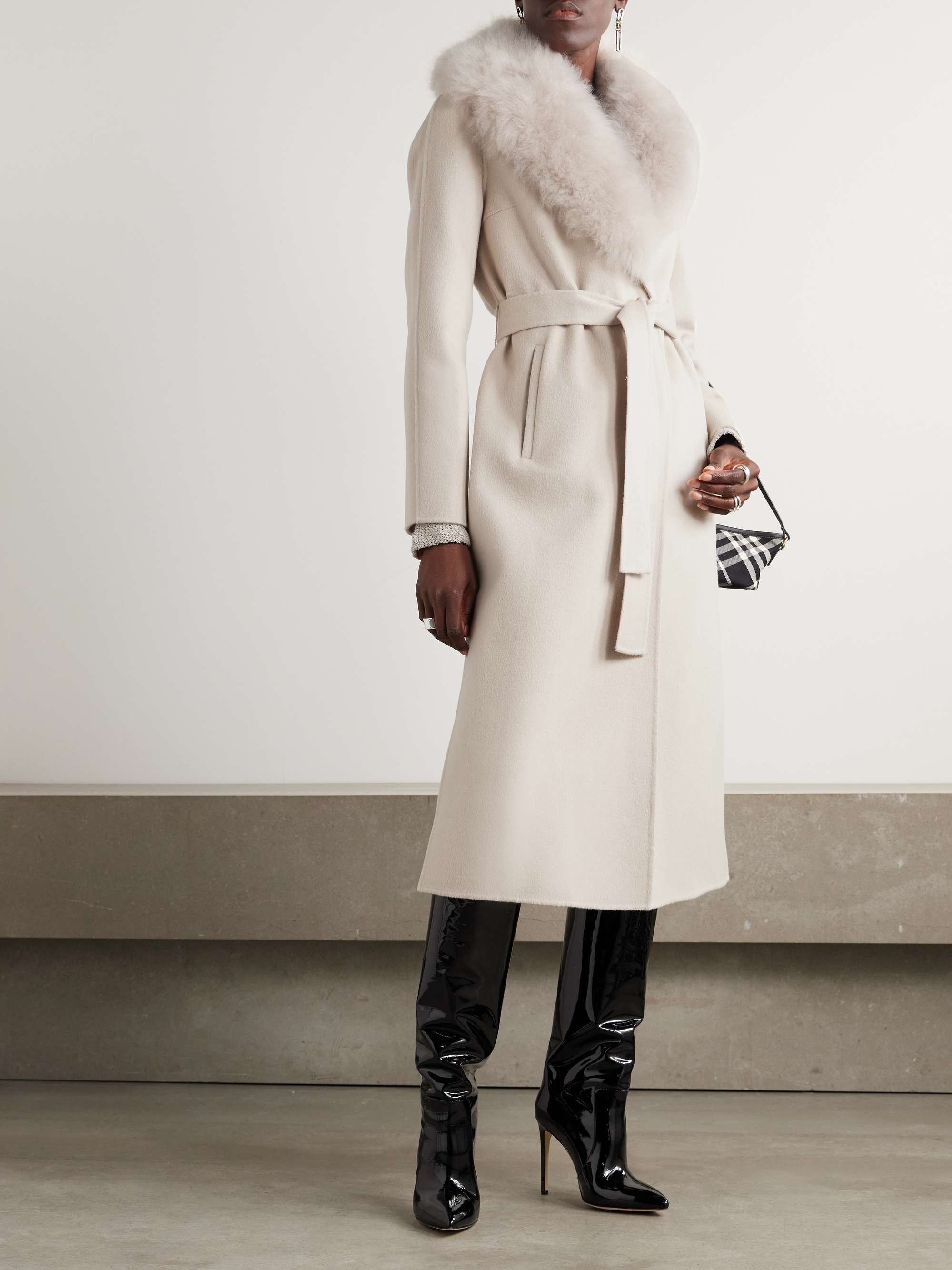 Belted shearling-trimmed wool and cashmere-blend coat view