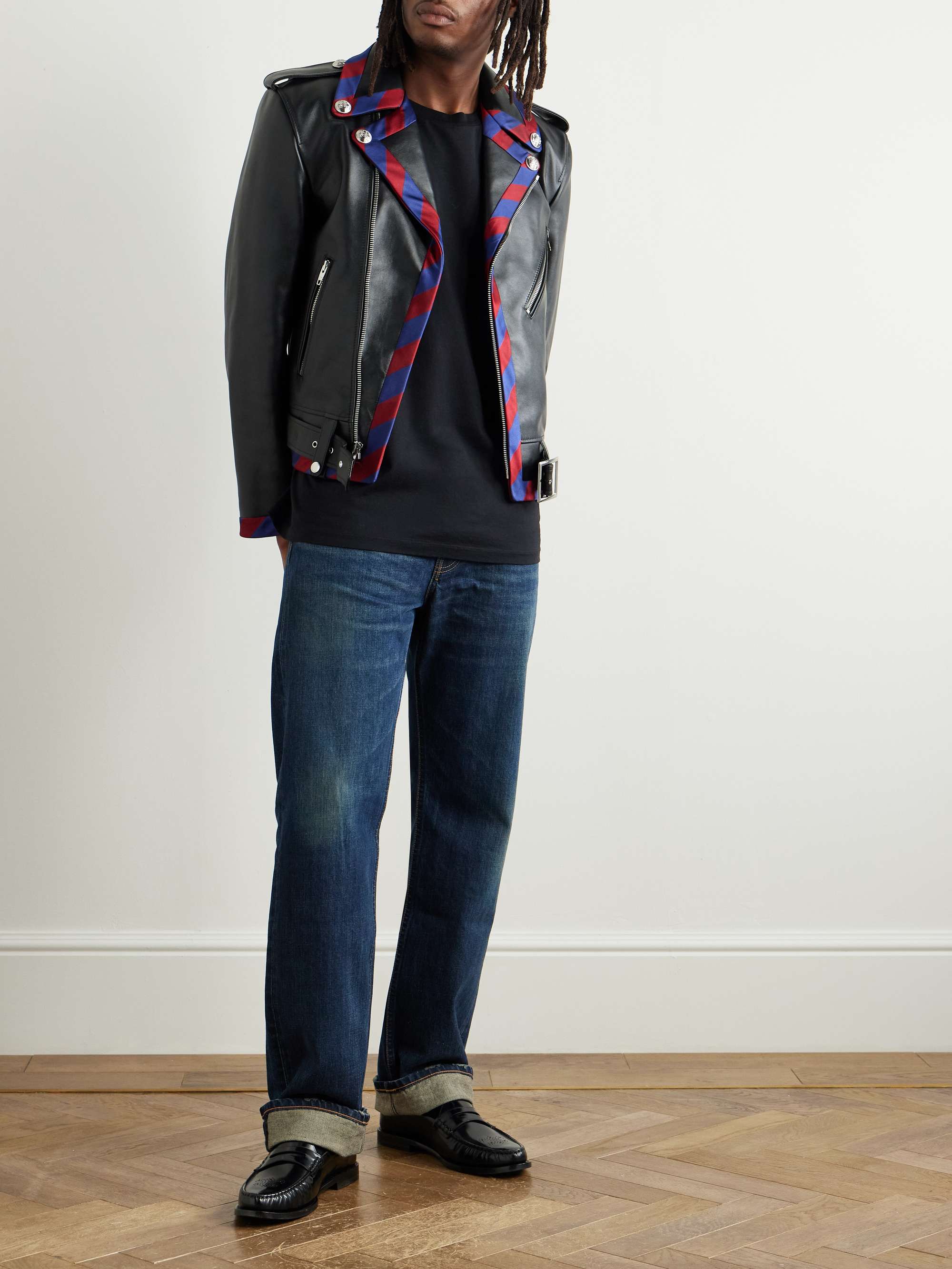 Belted Striped Twill-Trimmed Leather Biker Jacket view