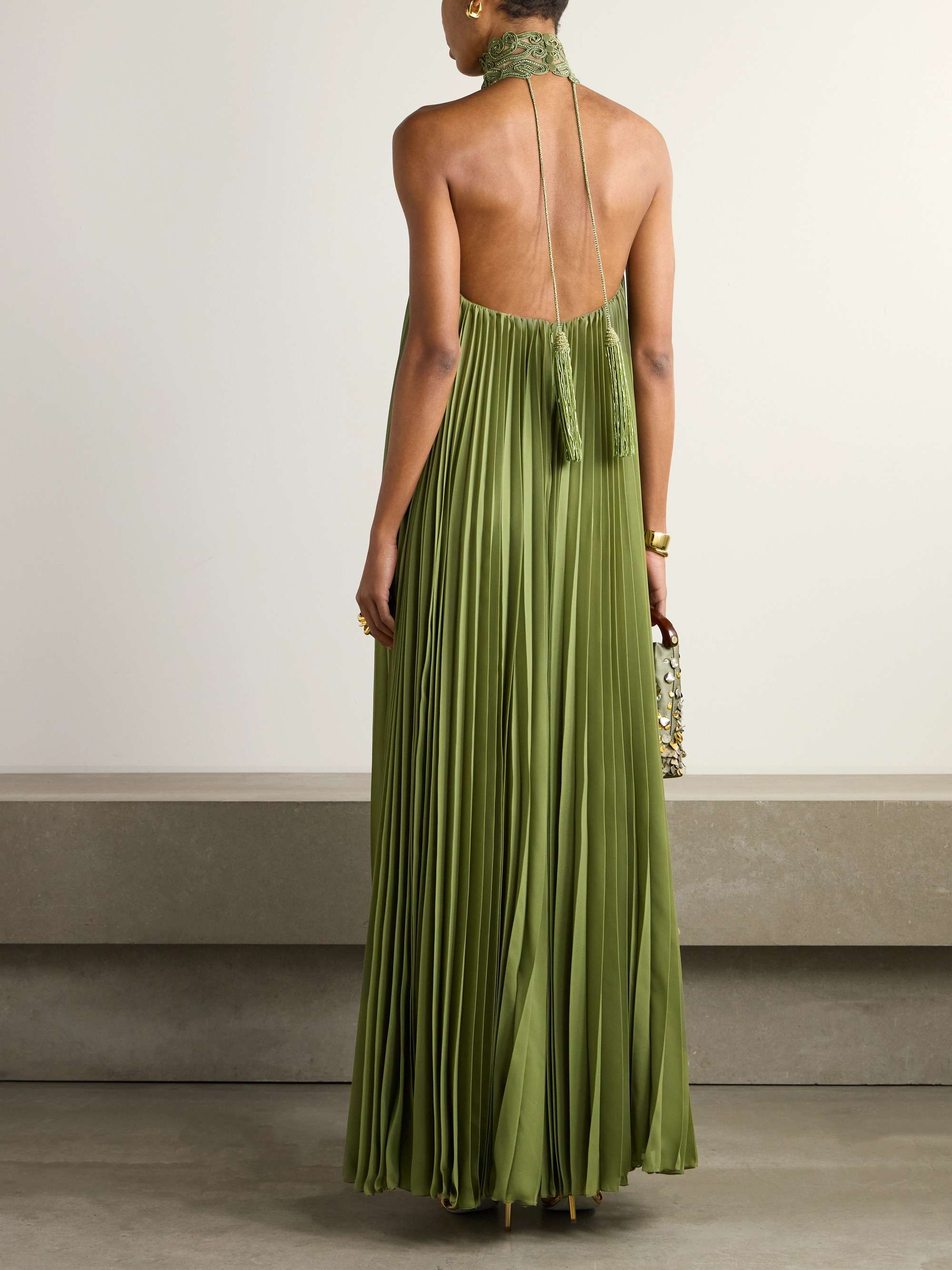 Tasseled pleated embellished mesh-trimmed georgette halterneck gown view