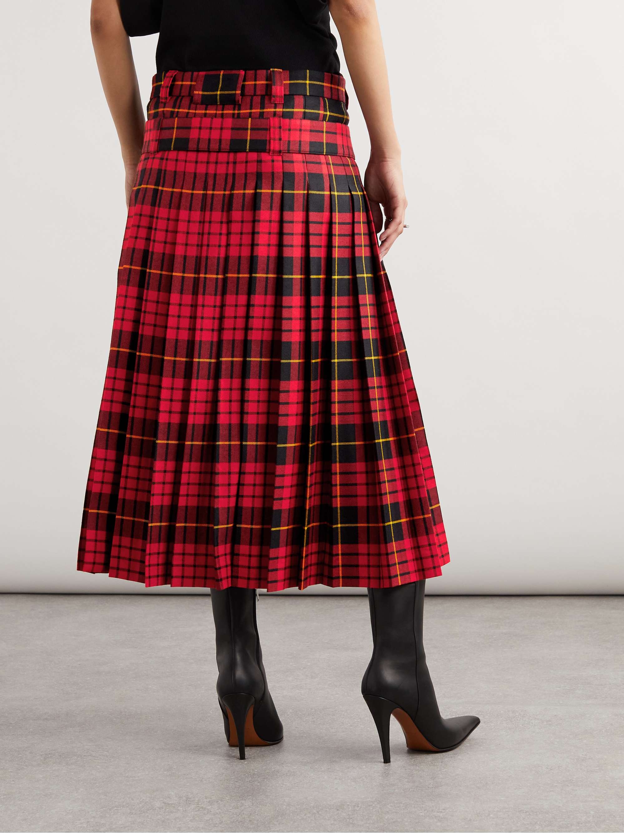 Belted pleated tartan wool midi skirt view