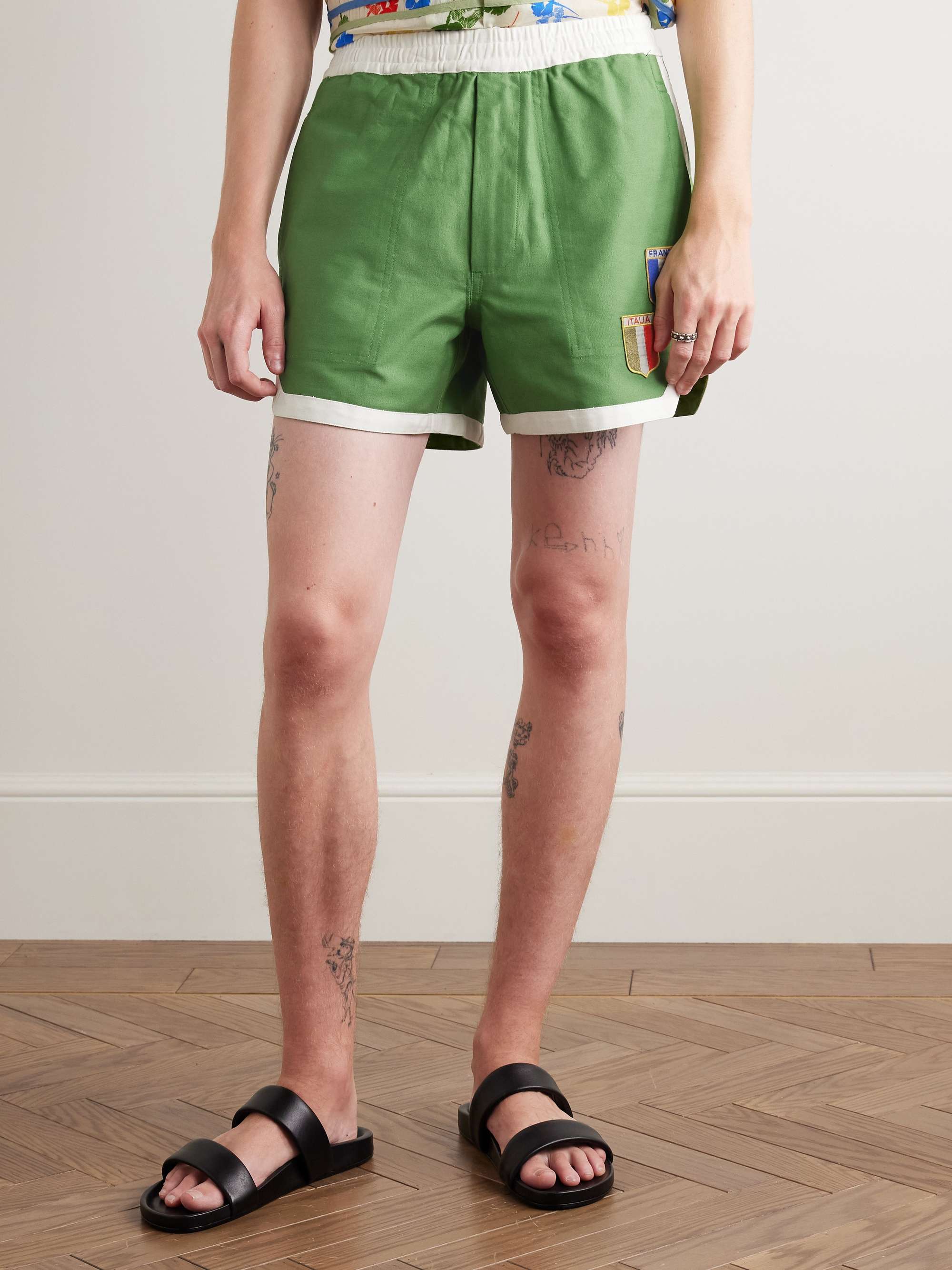 Euro Straight-Leg Appliquéd Cotton-Twill Shorts view