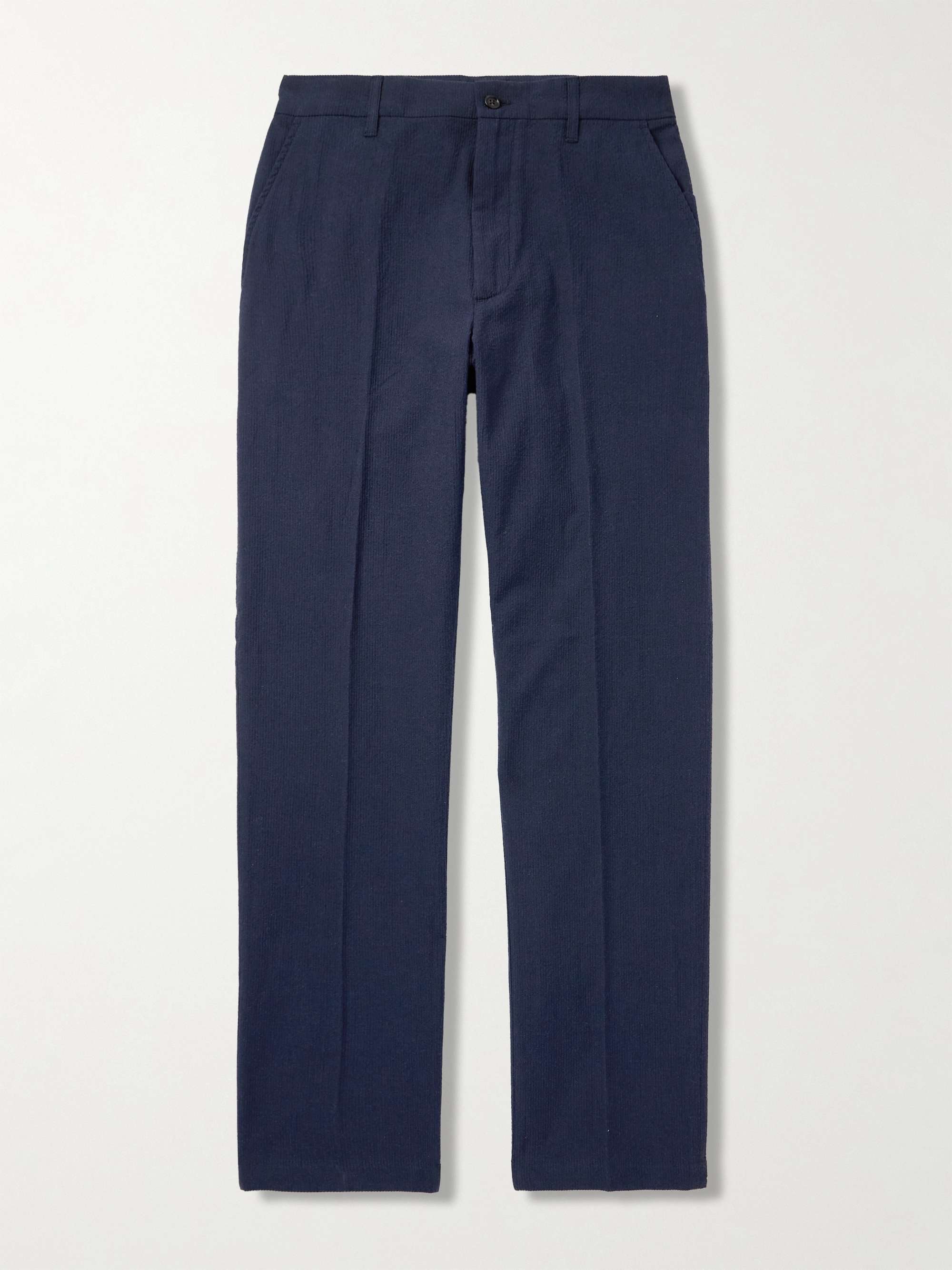 Straight-Leg Striped Cotton and Linen-Blend Trousers hero visual