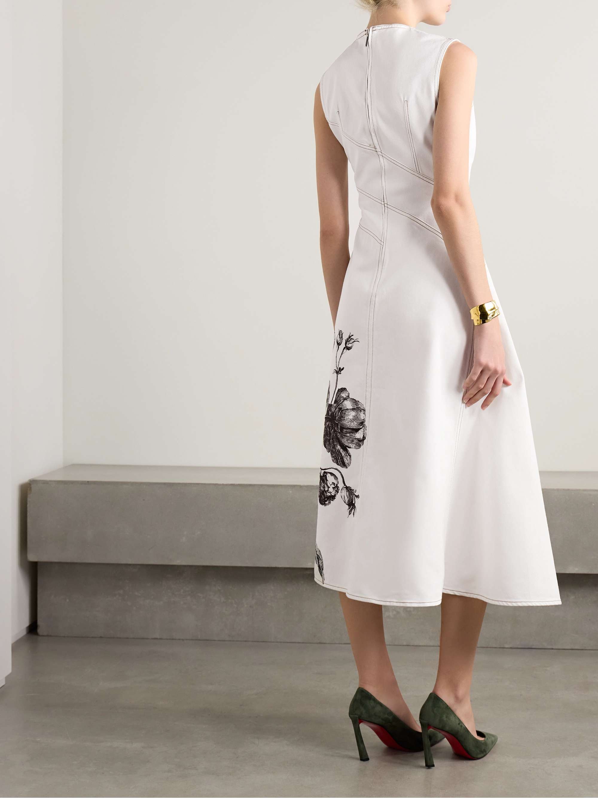 Asymmetric paneled floral-print denim midi dress view