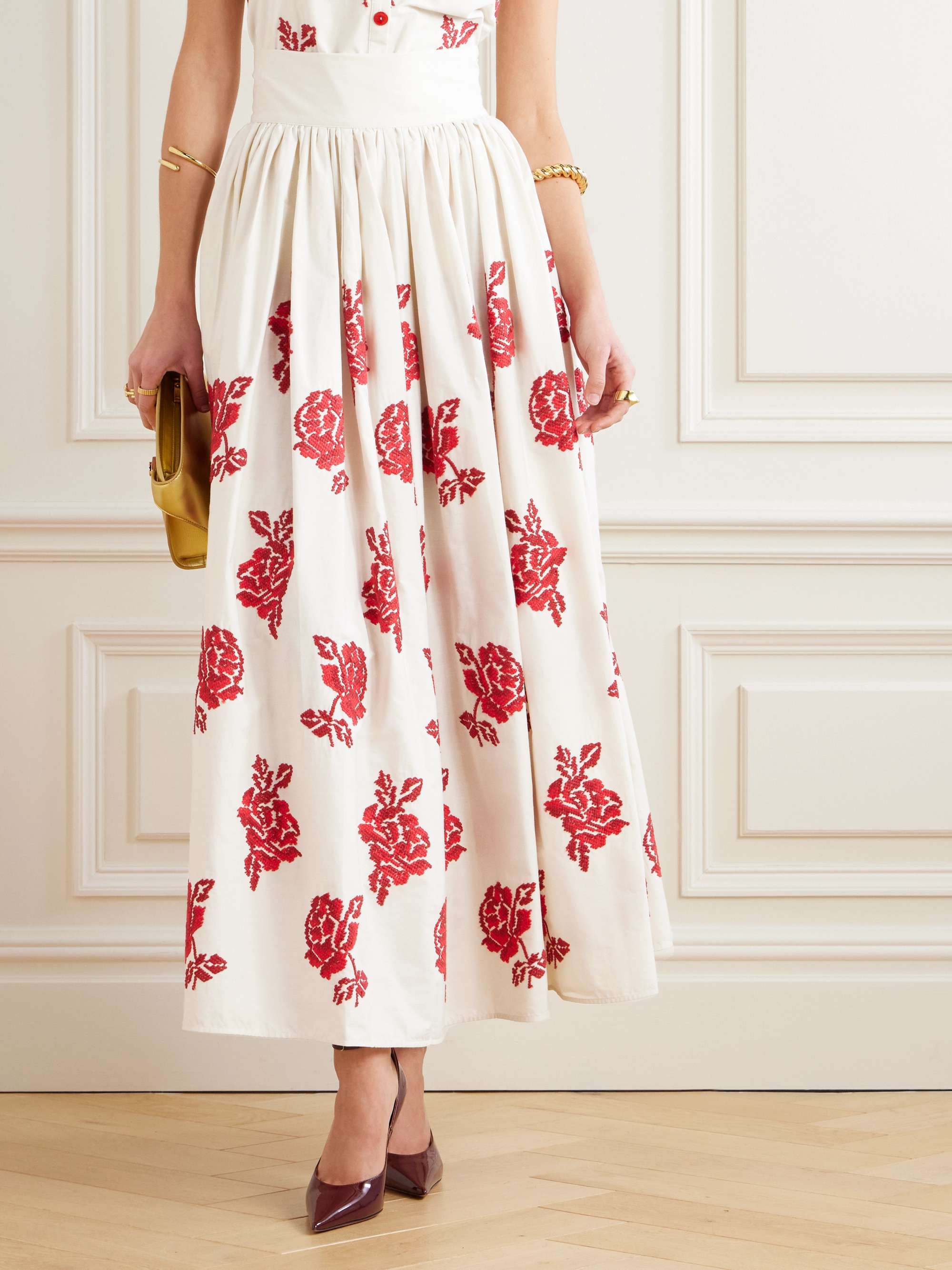Vanessa pleated embroidered cotton-poplin maxi skirt view