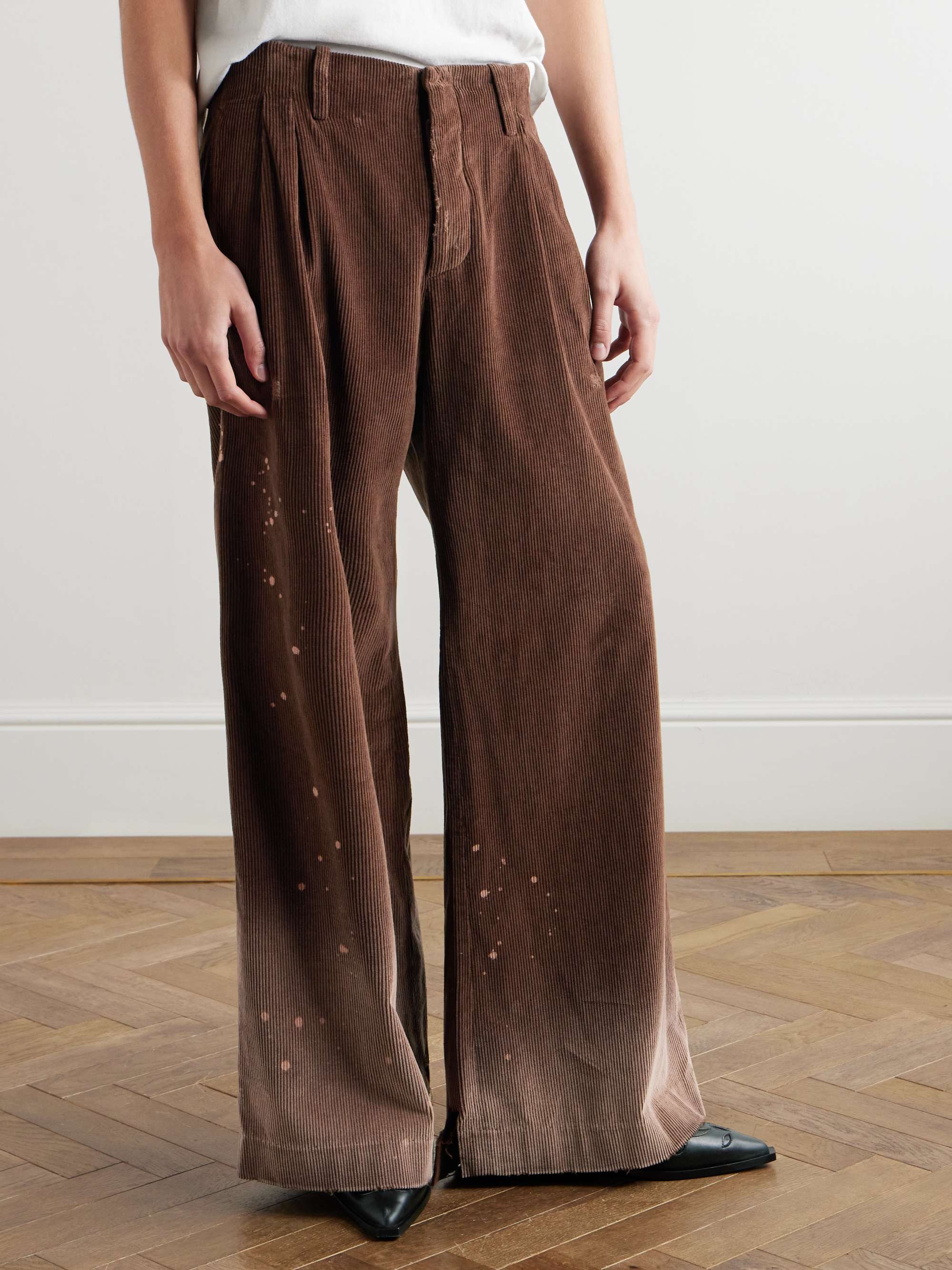 Wide-Leg Distressed Paint-Splattered Cotton-Corduroy Trousers view