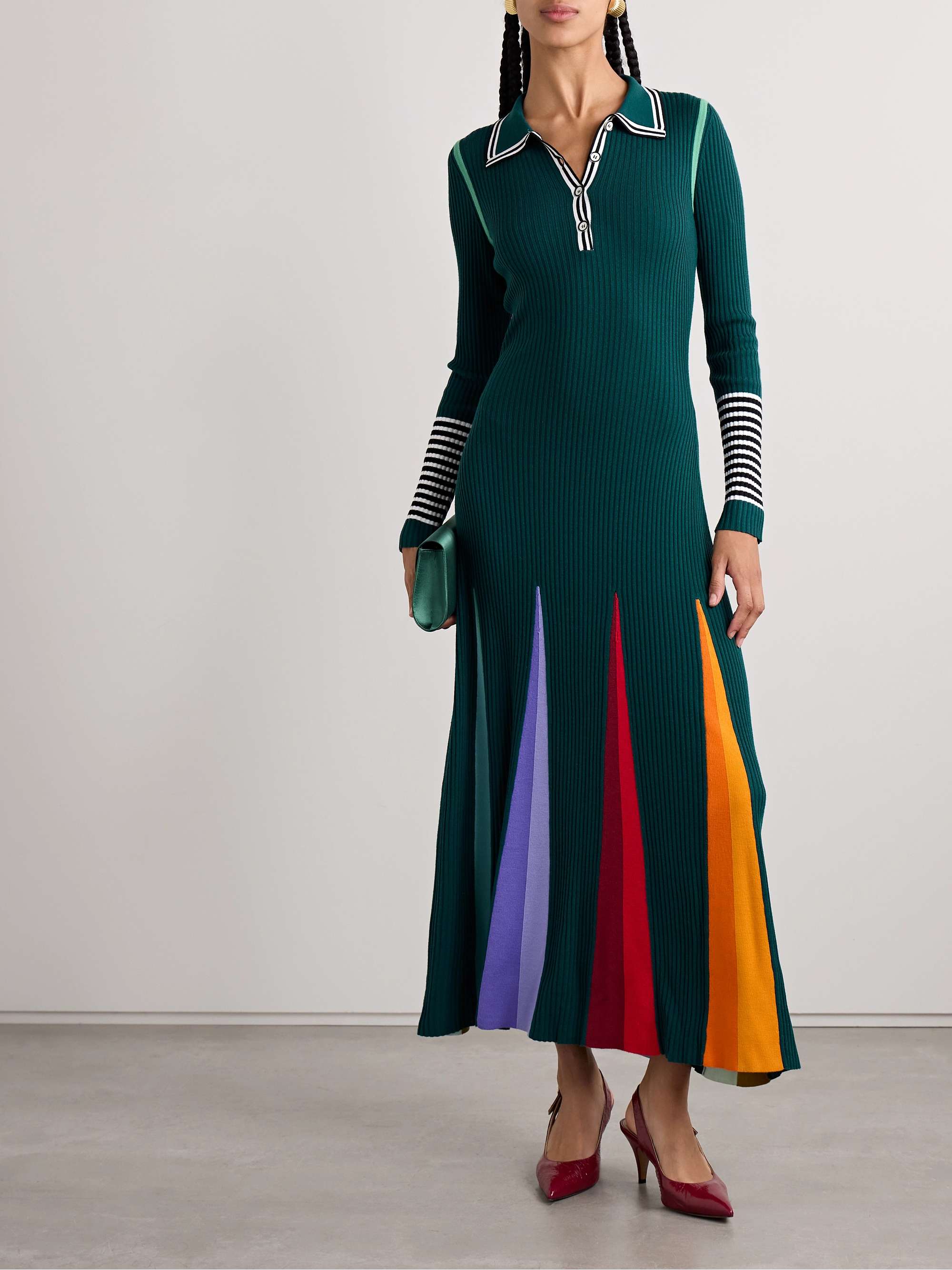 Godet striped ribbed merino wool polo maxi dress view