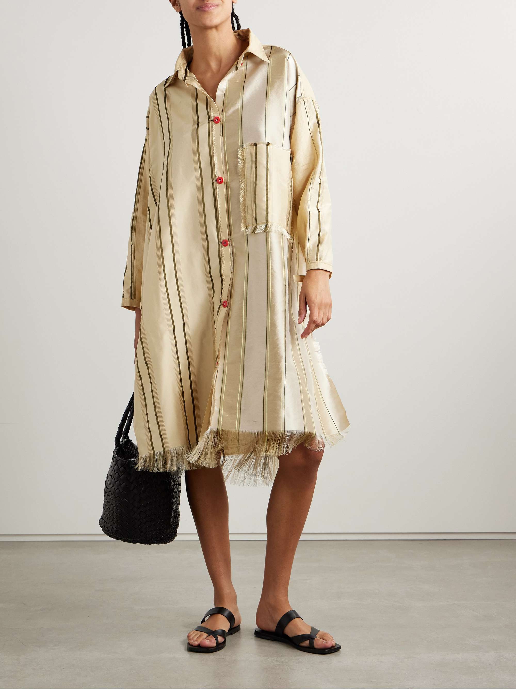 Oversized paneled striped silk and linen midi shirt dress view