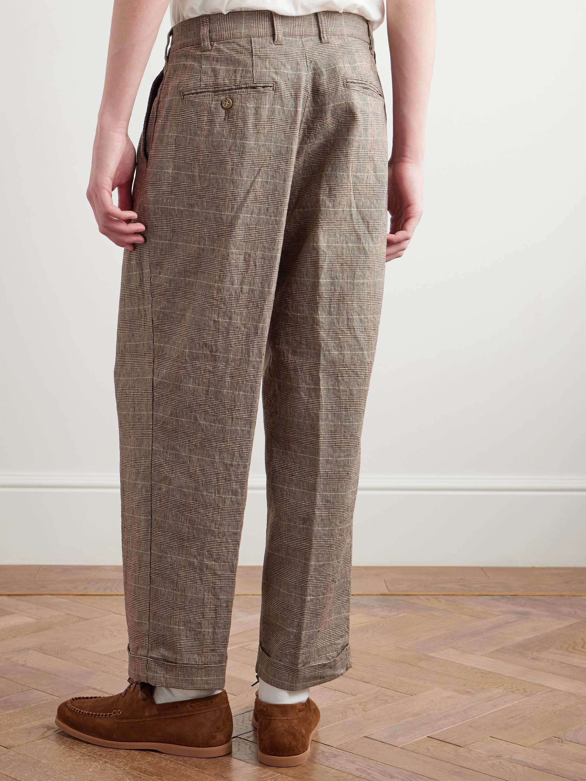 Straight-Leg Pleated Prince of Wales Checked Linen Suit Trousers view