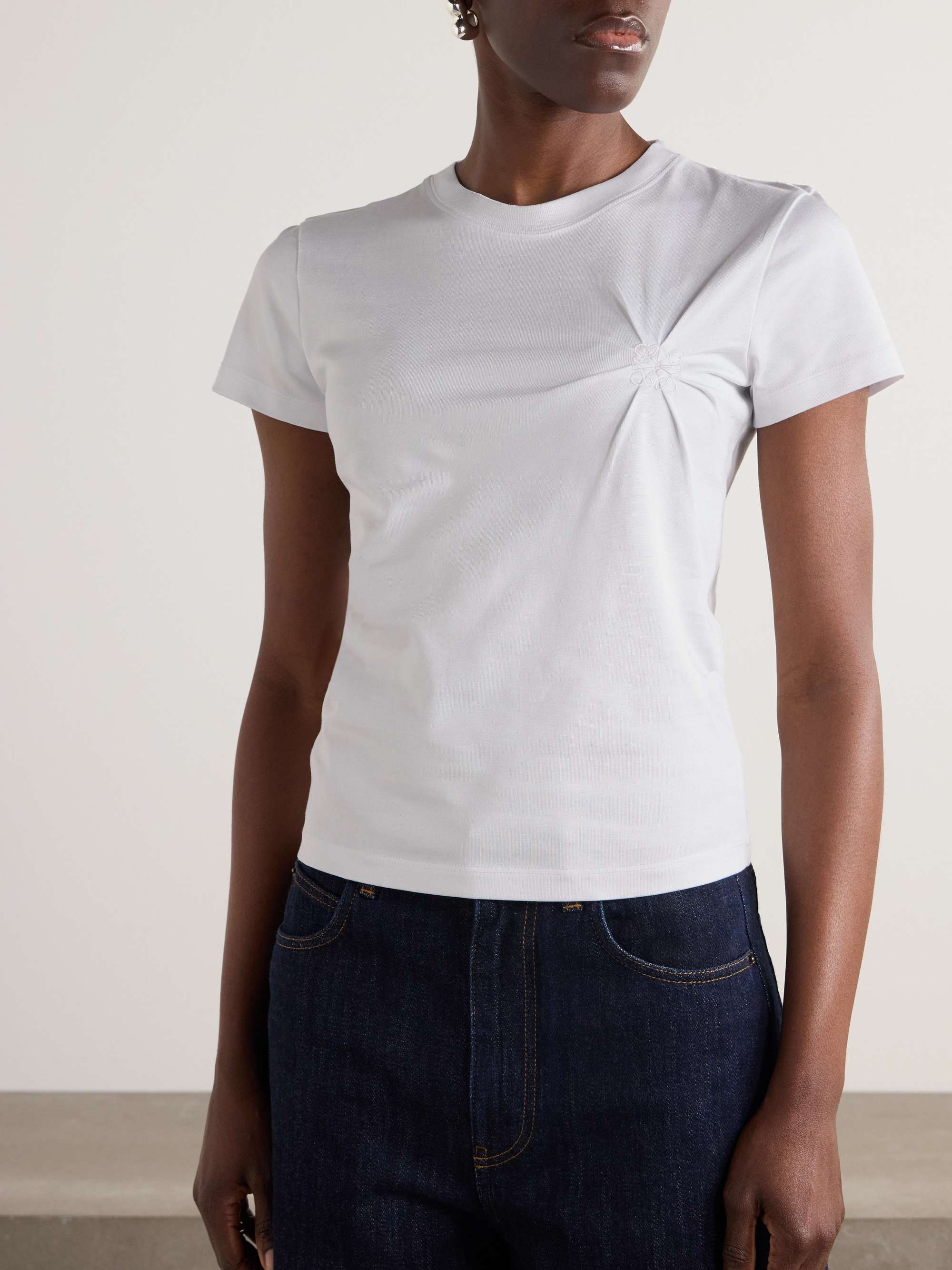 Gathered embroidered cotton-blend piqué T-shirt view