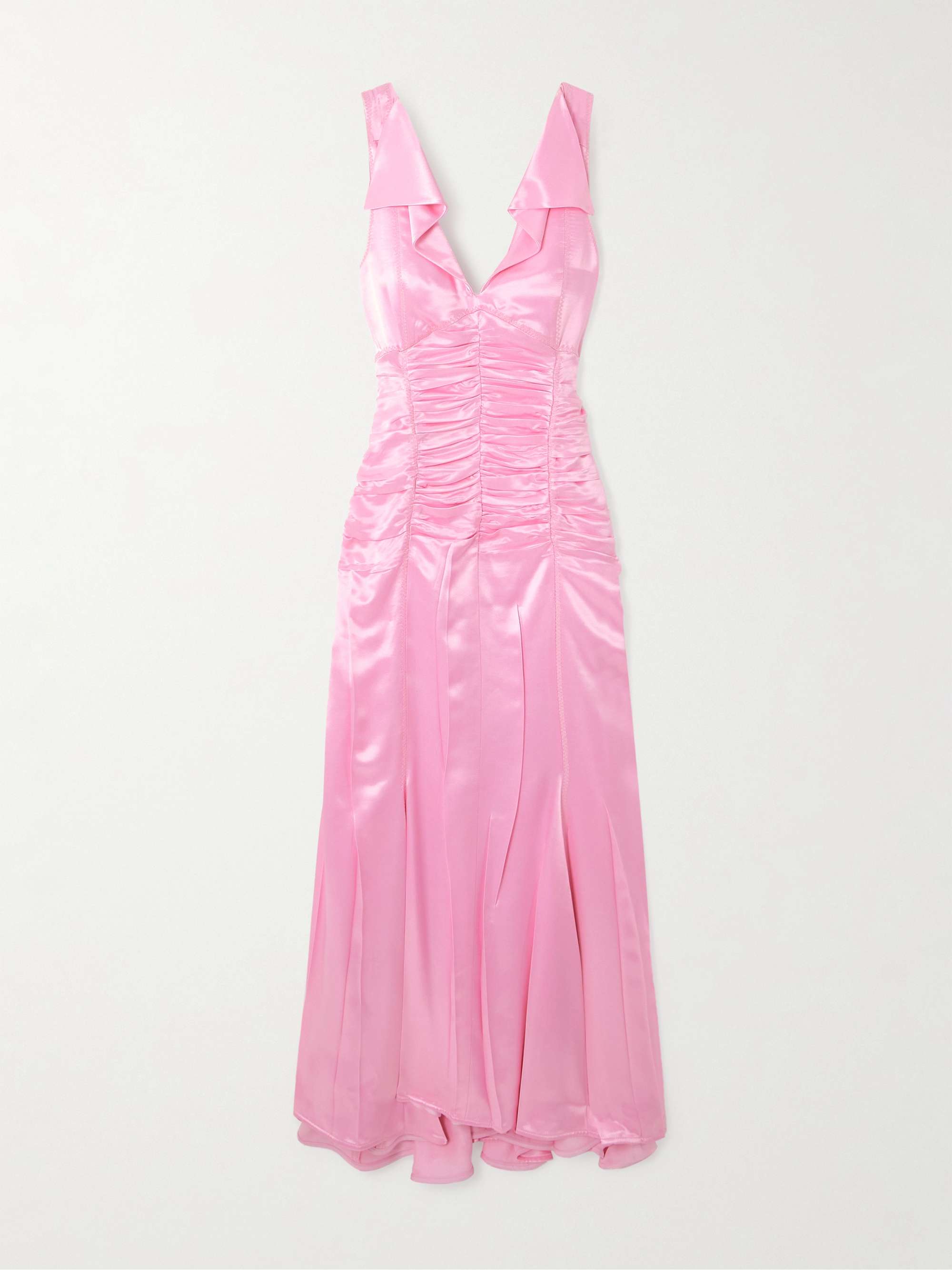 Open-back ruched pleated satin gown hero visual