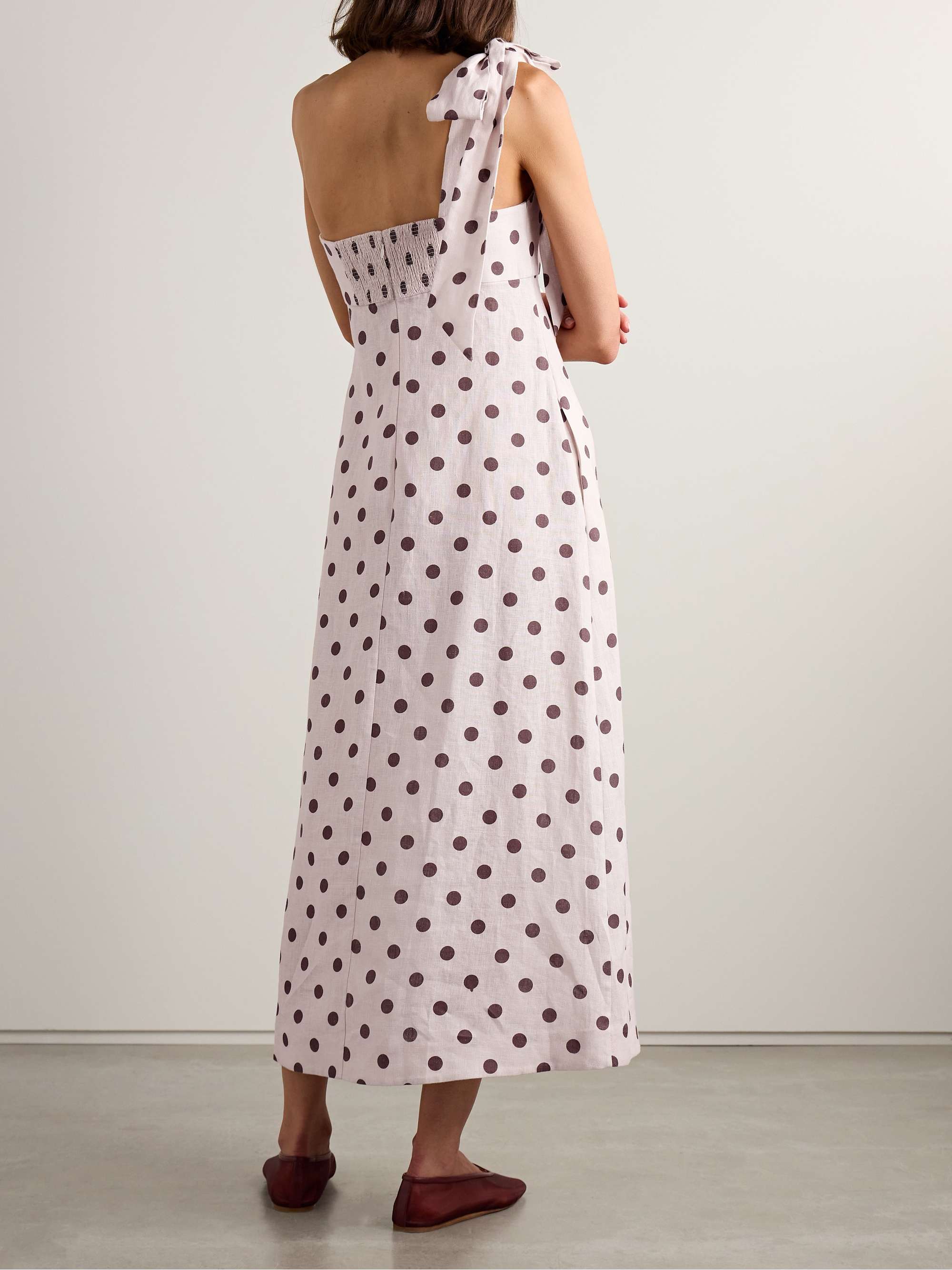 Acacia one-shoulder bow-embellished polka-dot linen midi dress view