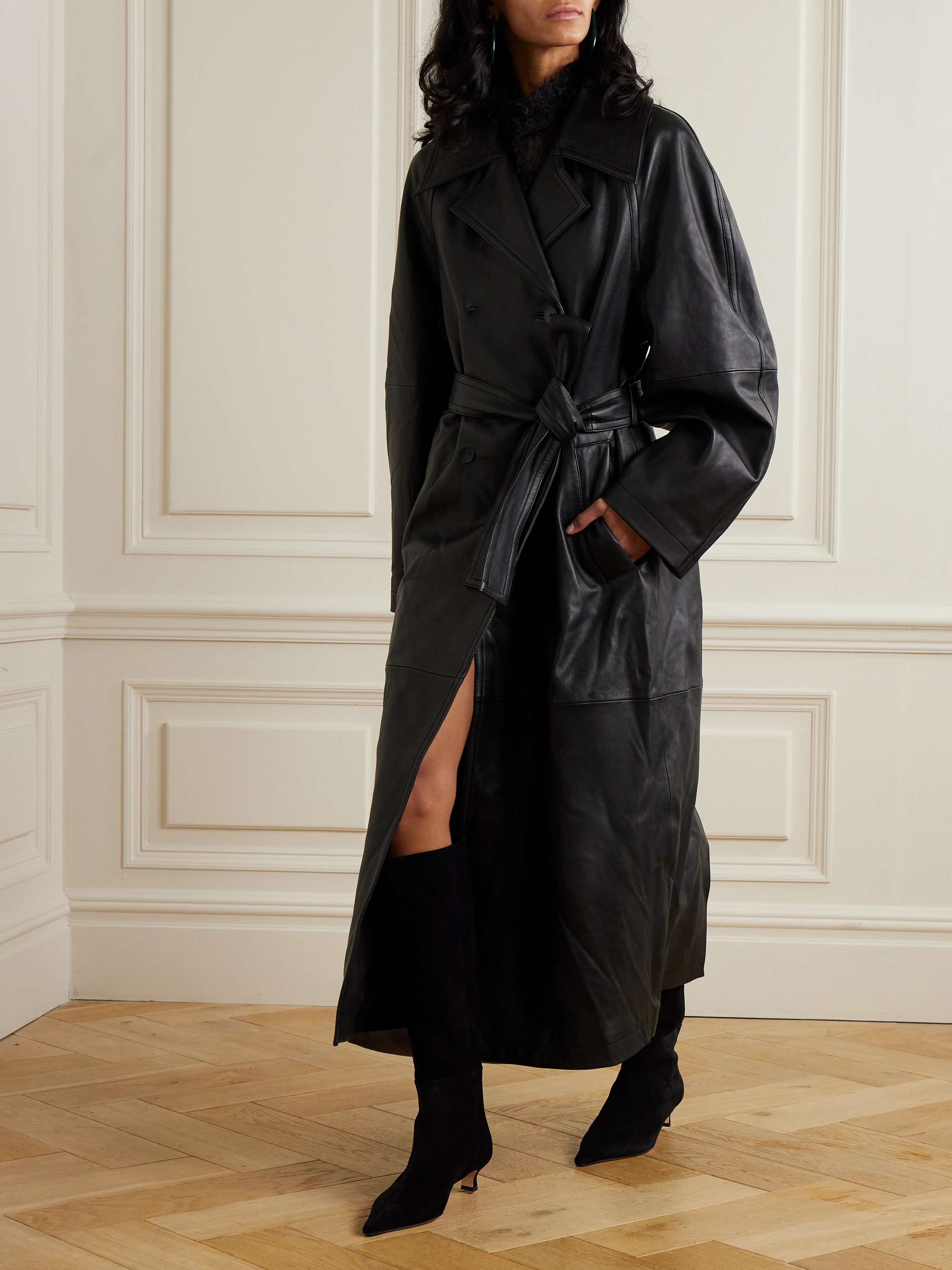 Belted double-breasted leather trench coat view