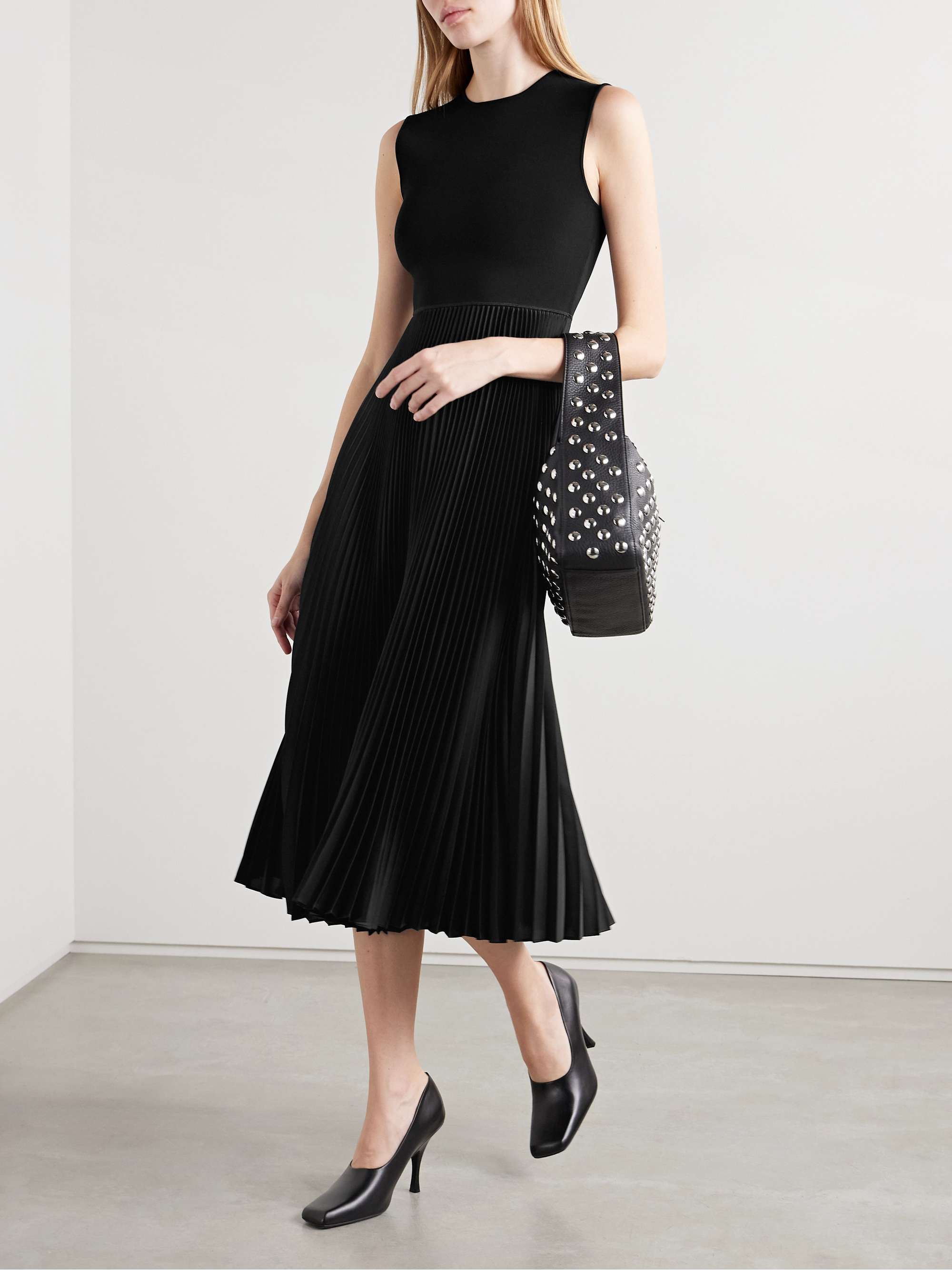 Stretch-knit and plissé-satin midi dress view