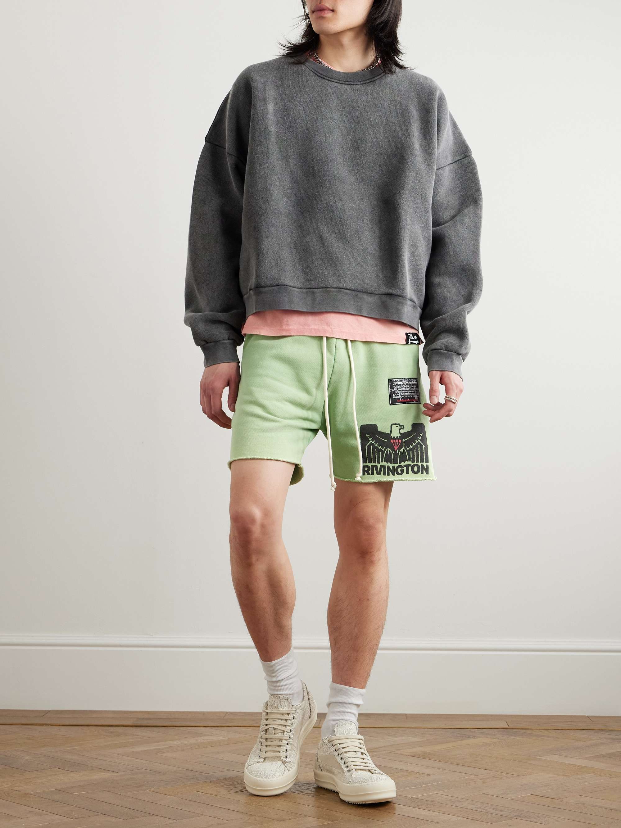 Flag Straight-Leg Frayed Logo-Print Cotton-Jersey Shorts view