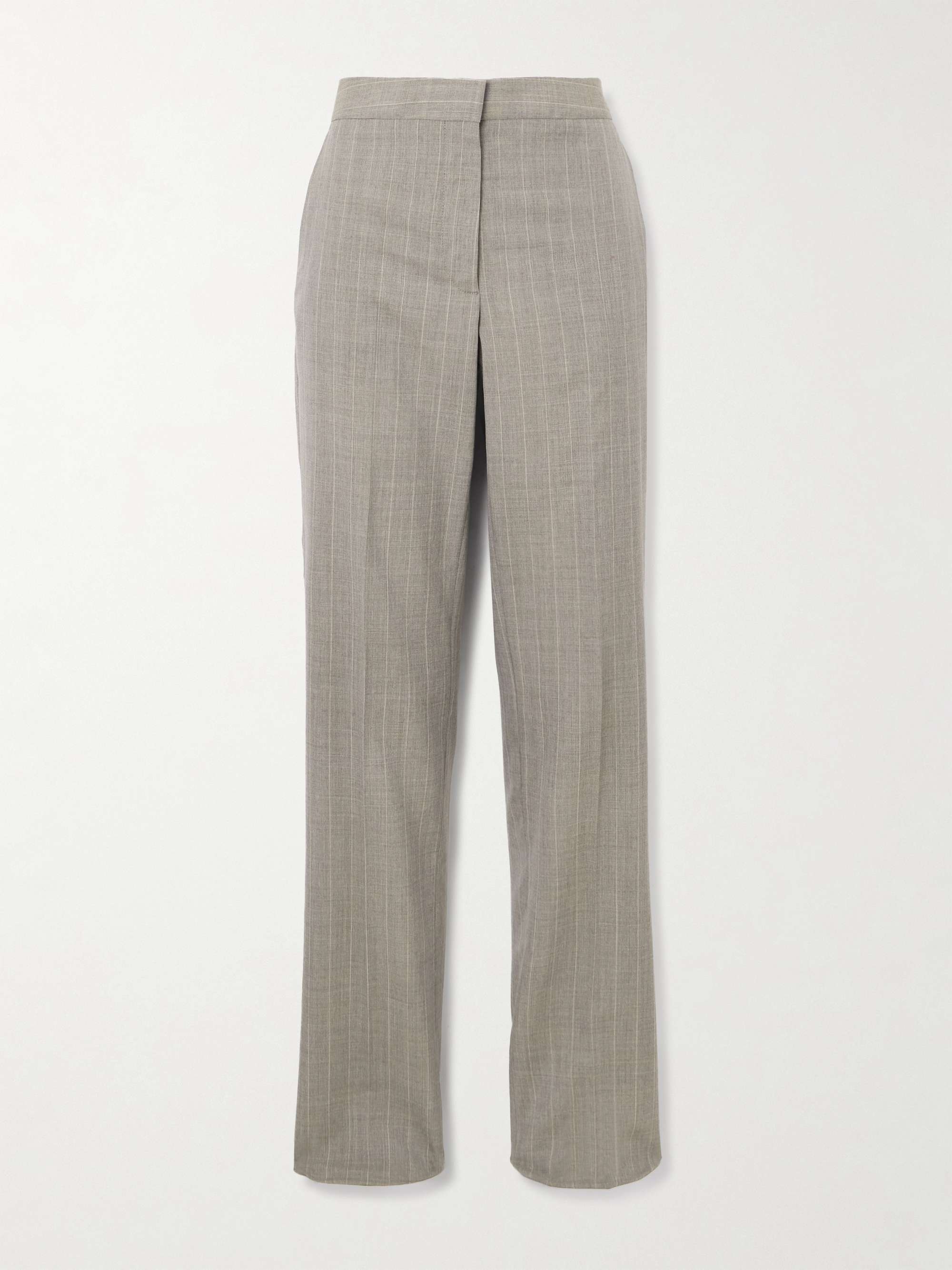 Pinstriped wool straight-leg pants hero visual