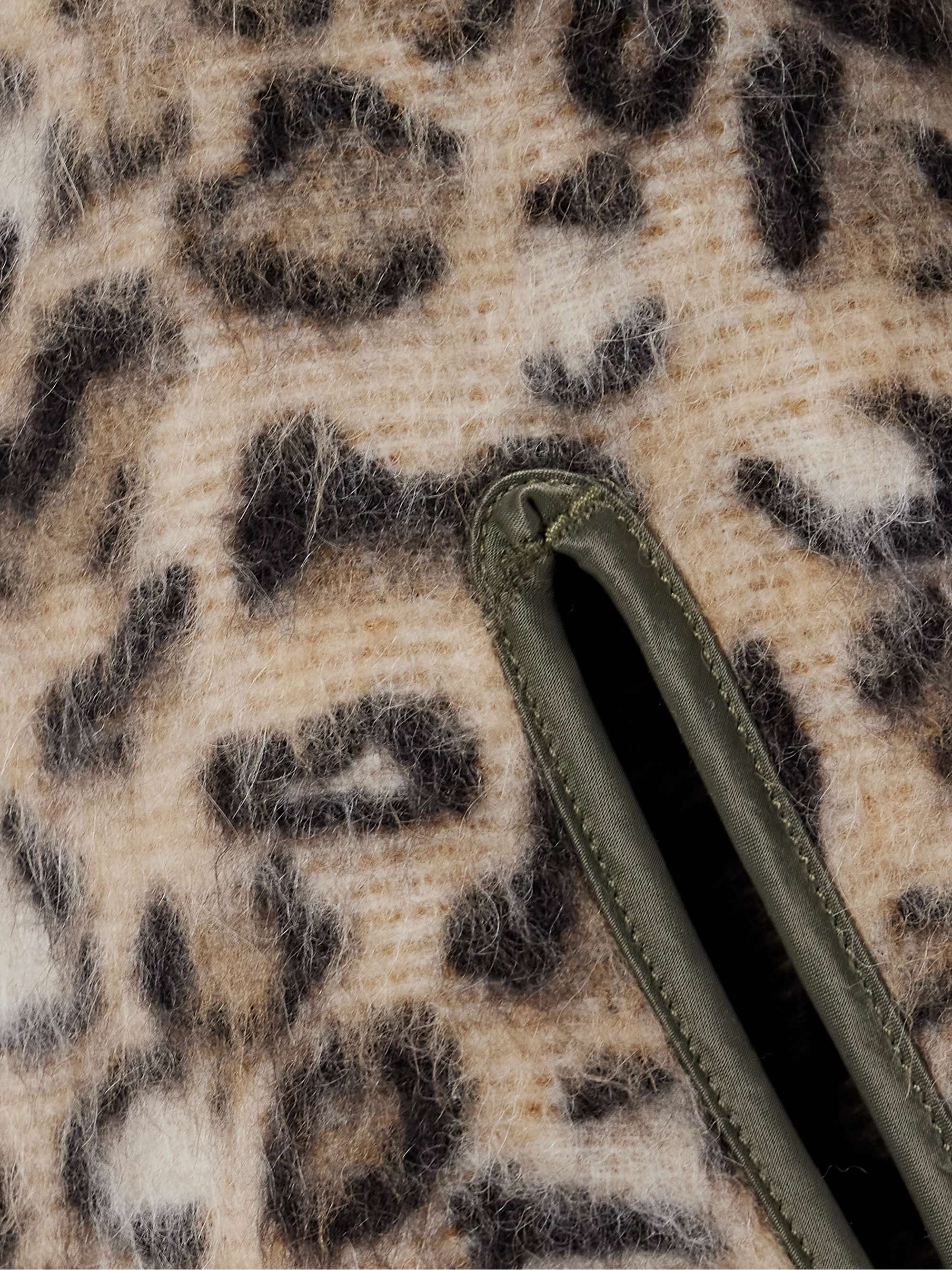 Convertible faux leather-trimmed leopard-print brushed wool-blend coat view