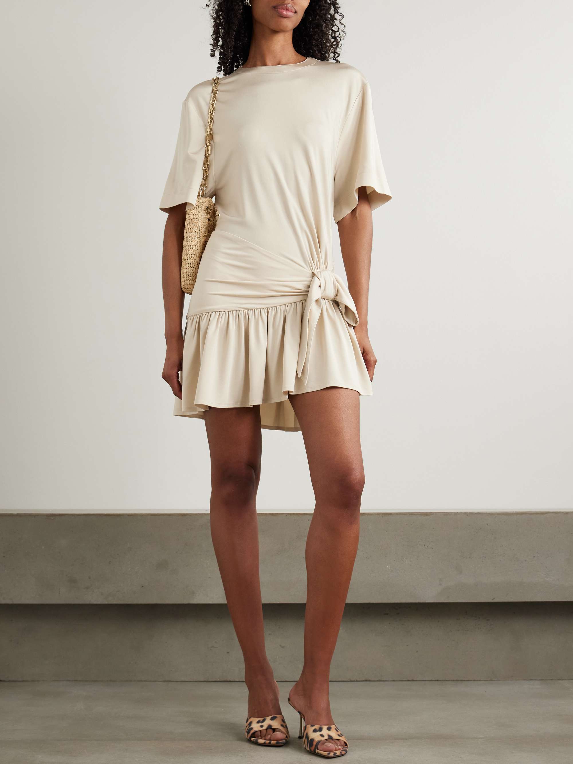 Asymmetric bow-detailed gathered satin-jersey mini dress view