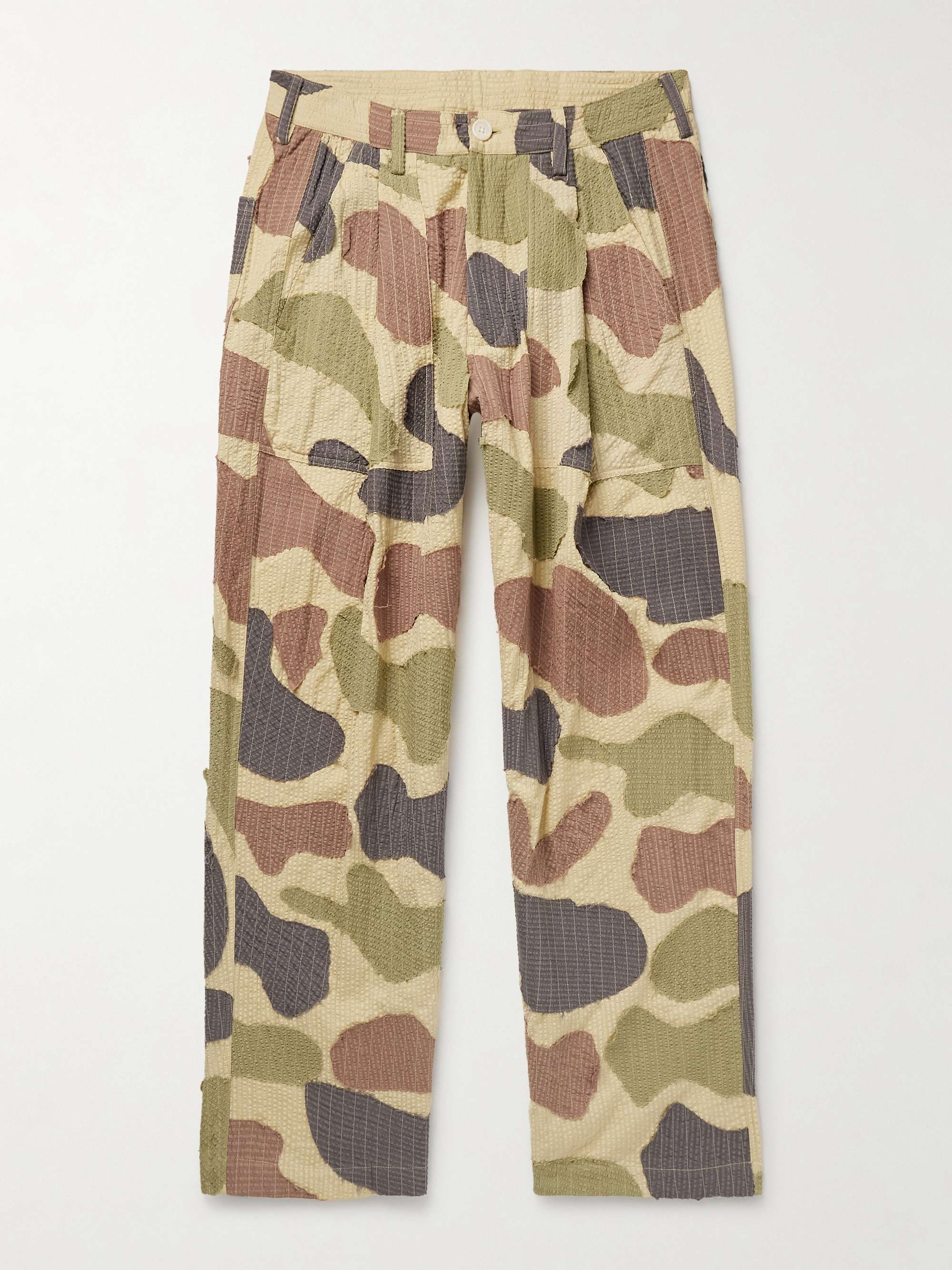 Yuki Wide-Leg Pleated Appliquéd Striped Cotton-Seersucker Trousers hero visual