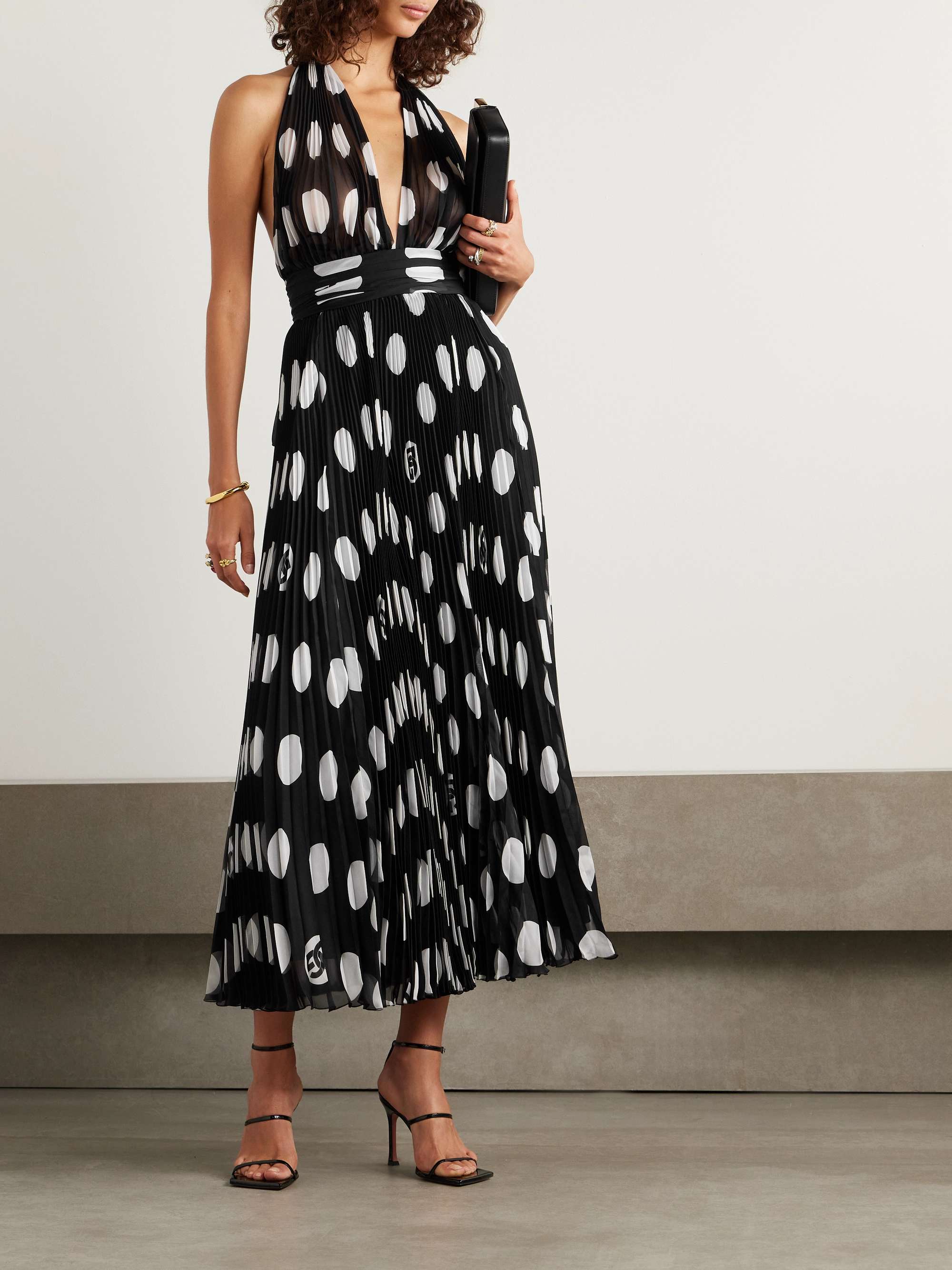 Halterneck polka-dot silk plissé-chiffon midi dress view