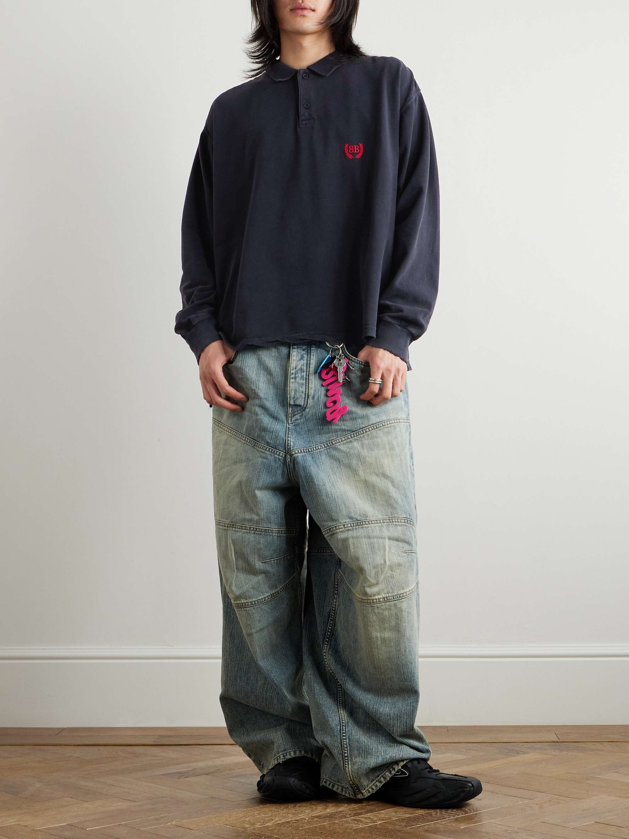 Laurel Embroidered Distressed Cotton-Piqué Polo Shirt view