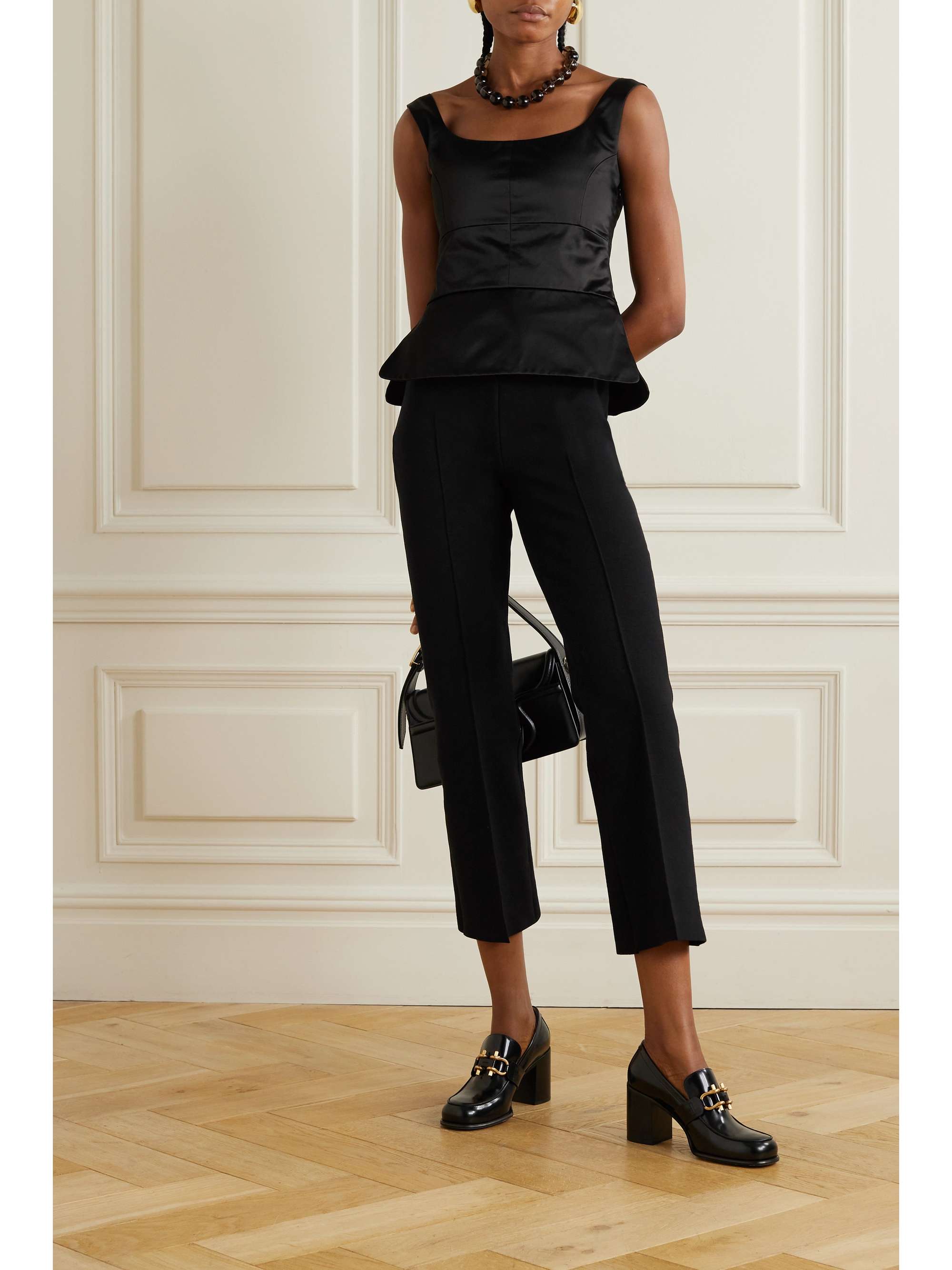 + NET SUSTAIN off-the-shoulder duchesse cotton-blend satin peplum top view