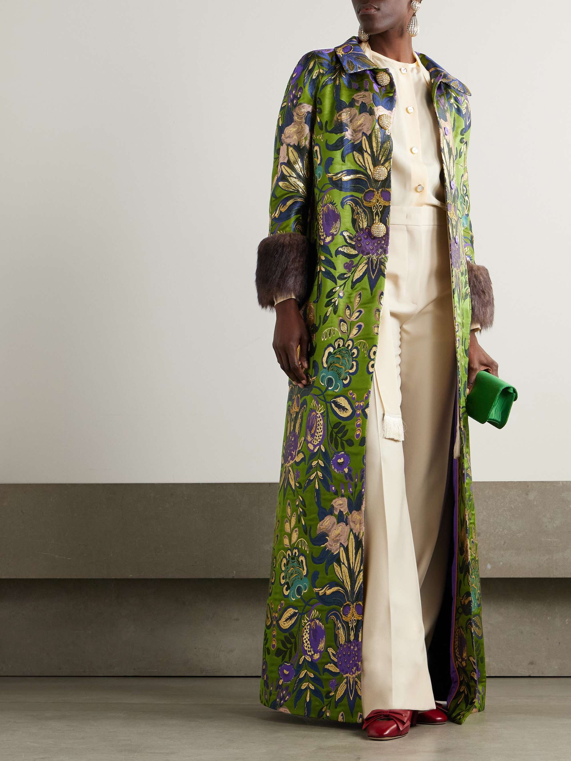 Après l'Hiver shearling-trimmed metallic brocade coat view