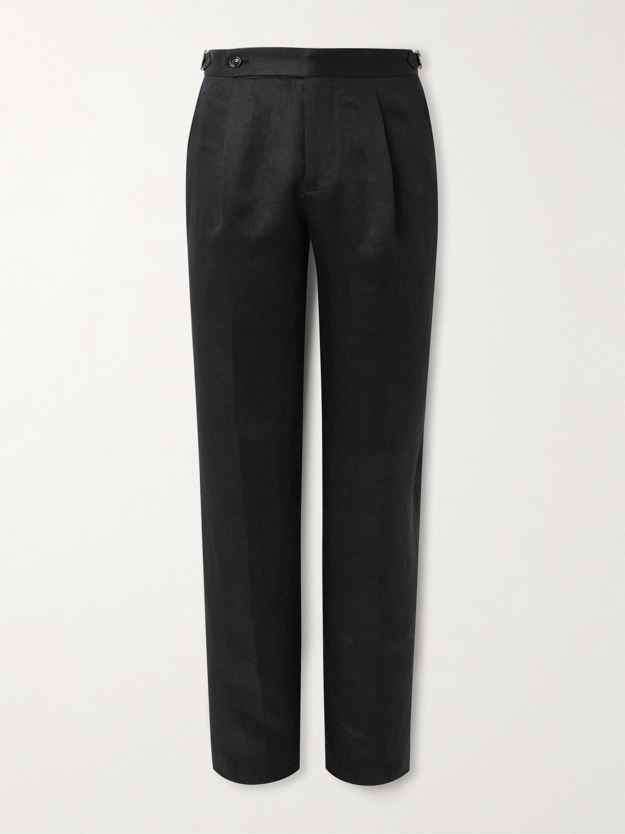 Tapered Pleated Cotton and Silk-Blend Satin-Trimmed Linen Tuxedo Trousers hero visual