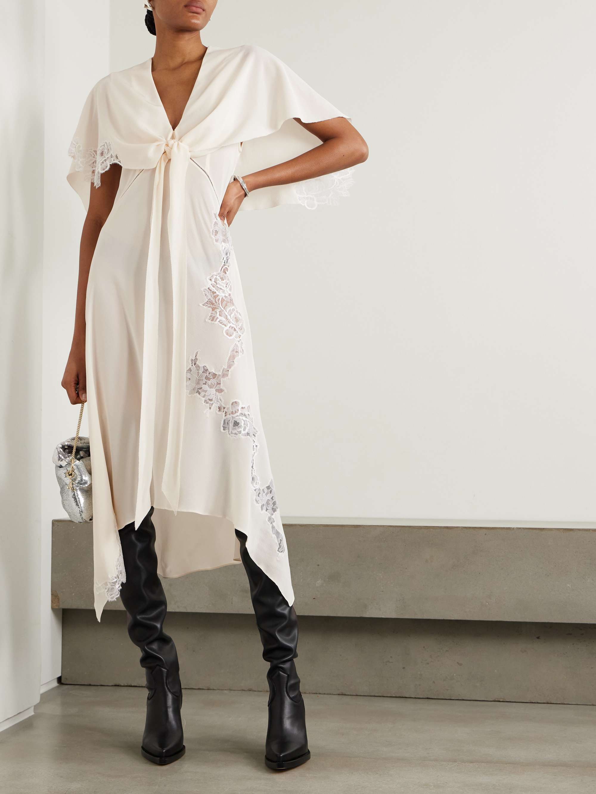 Layered lace-trimmed silk crepe de chine midi dress view