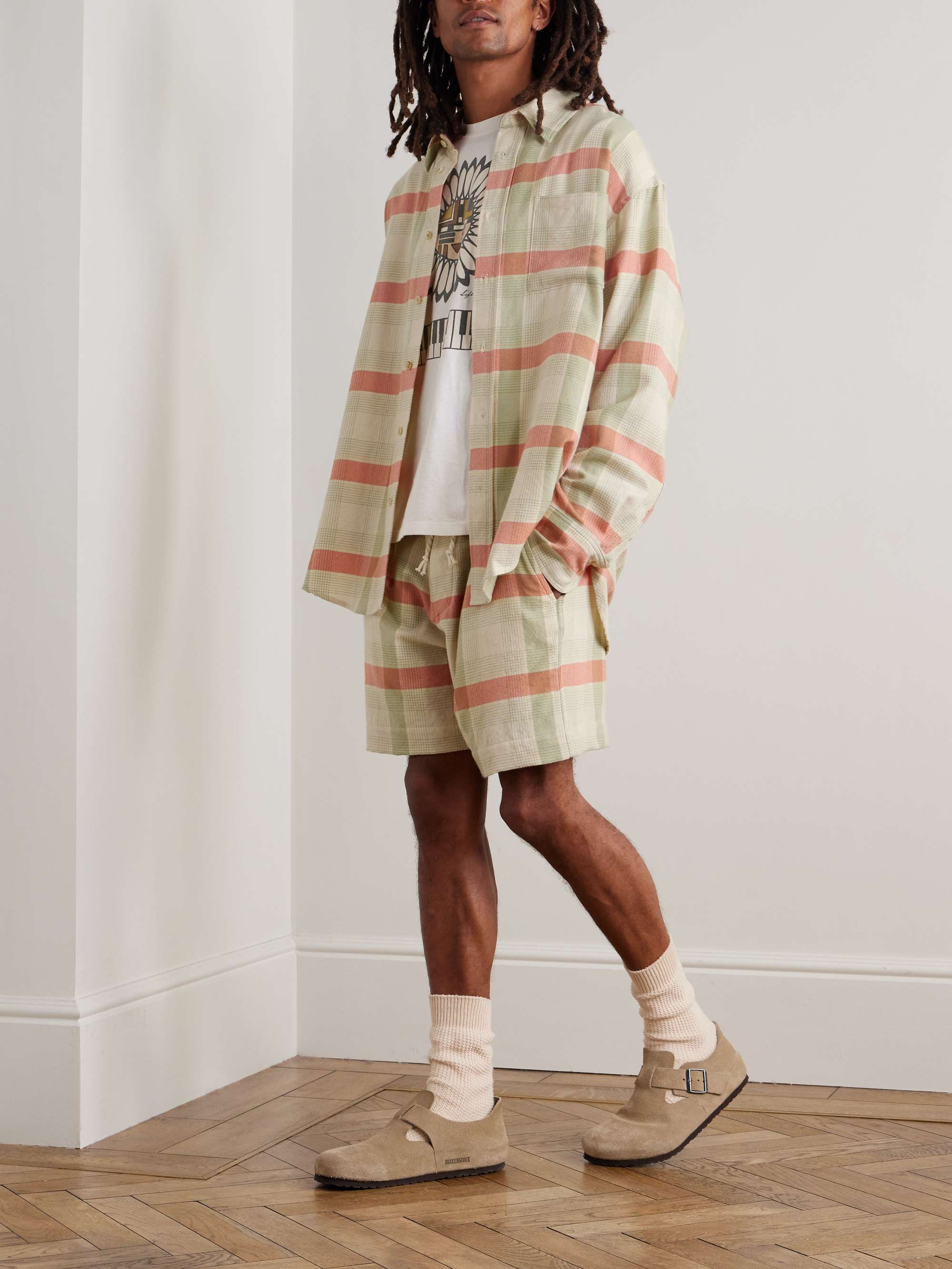 Straight-Leg Checked Cashmere and Wool-Blend Drawstring Shorts view