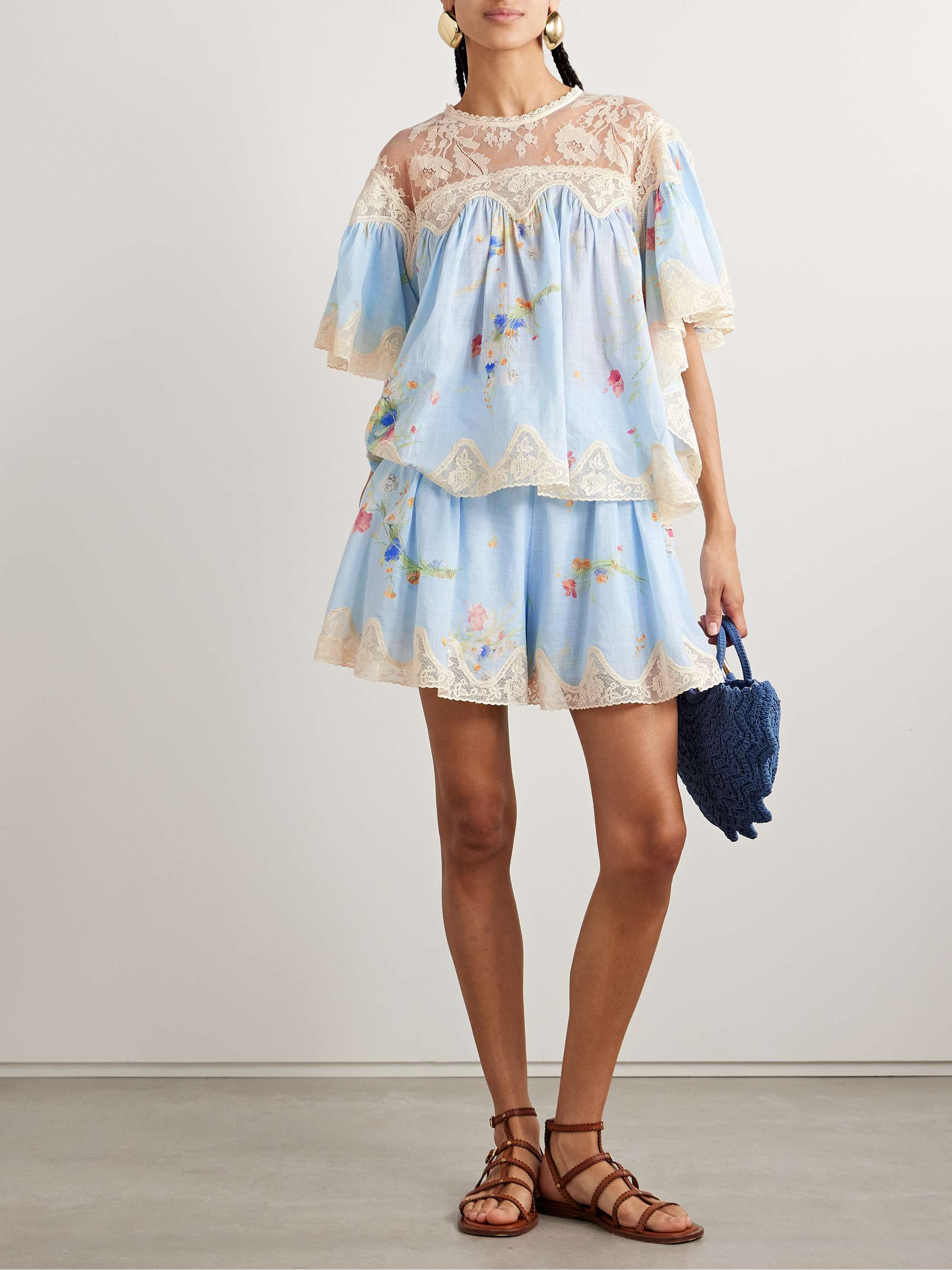 Lucky lace-trimmed floral-print cotton-voile blouse view