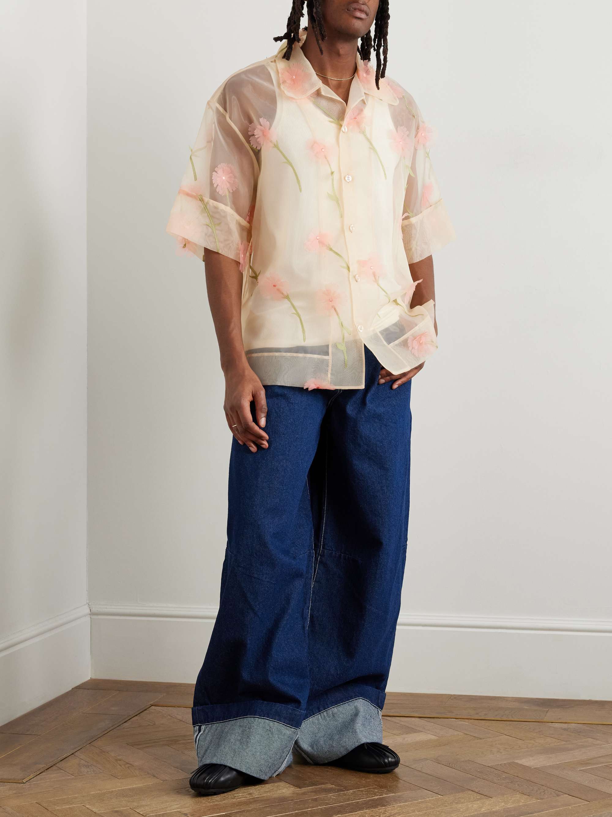 Carnation Convertible-Collar Appliquéd Embroidered Organza Shirt view