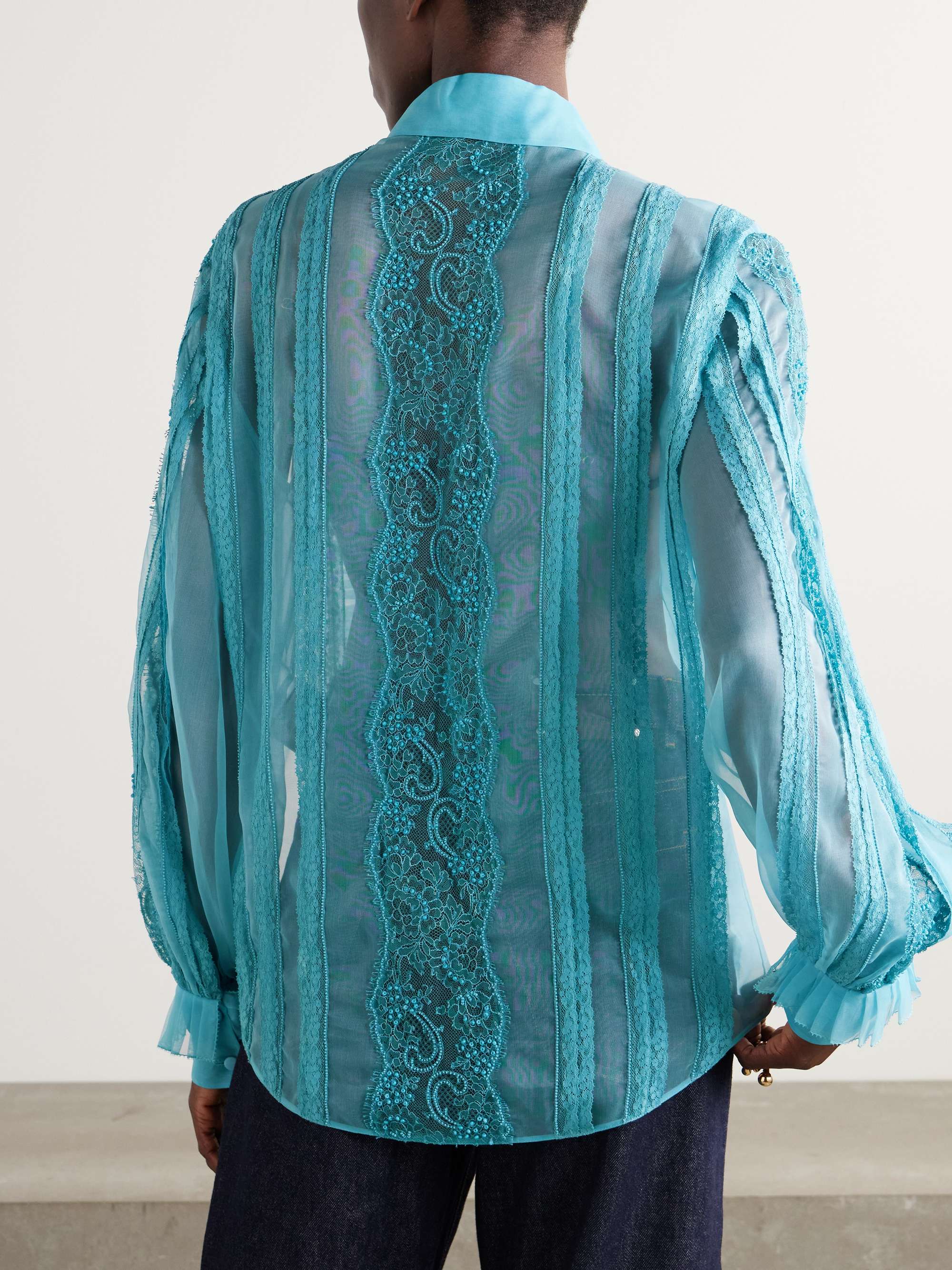 Pleated ruffled bead-embellished lace-trimmed silk-organza shirt view