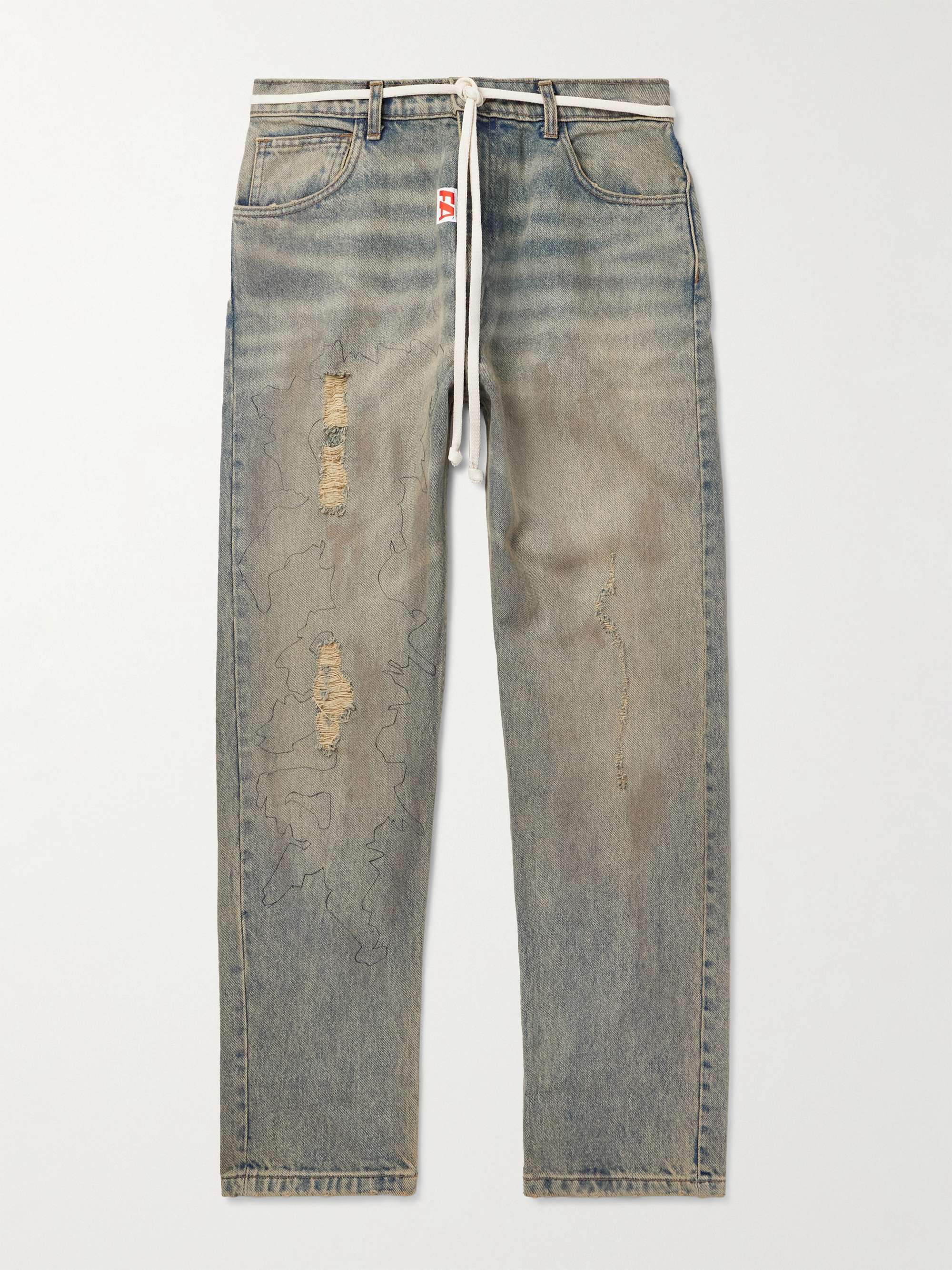 Fathers Way Slim-Fit Straight-Leg Belted Distressed Printed Jeans hero visual