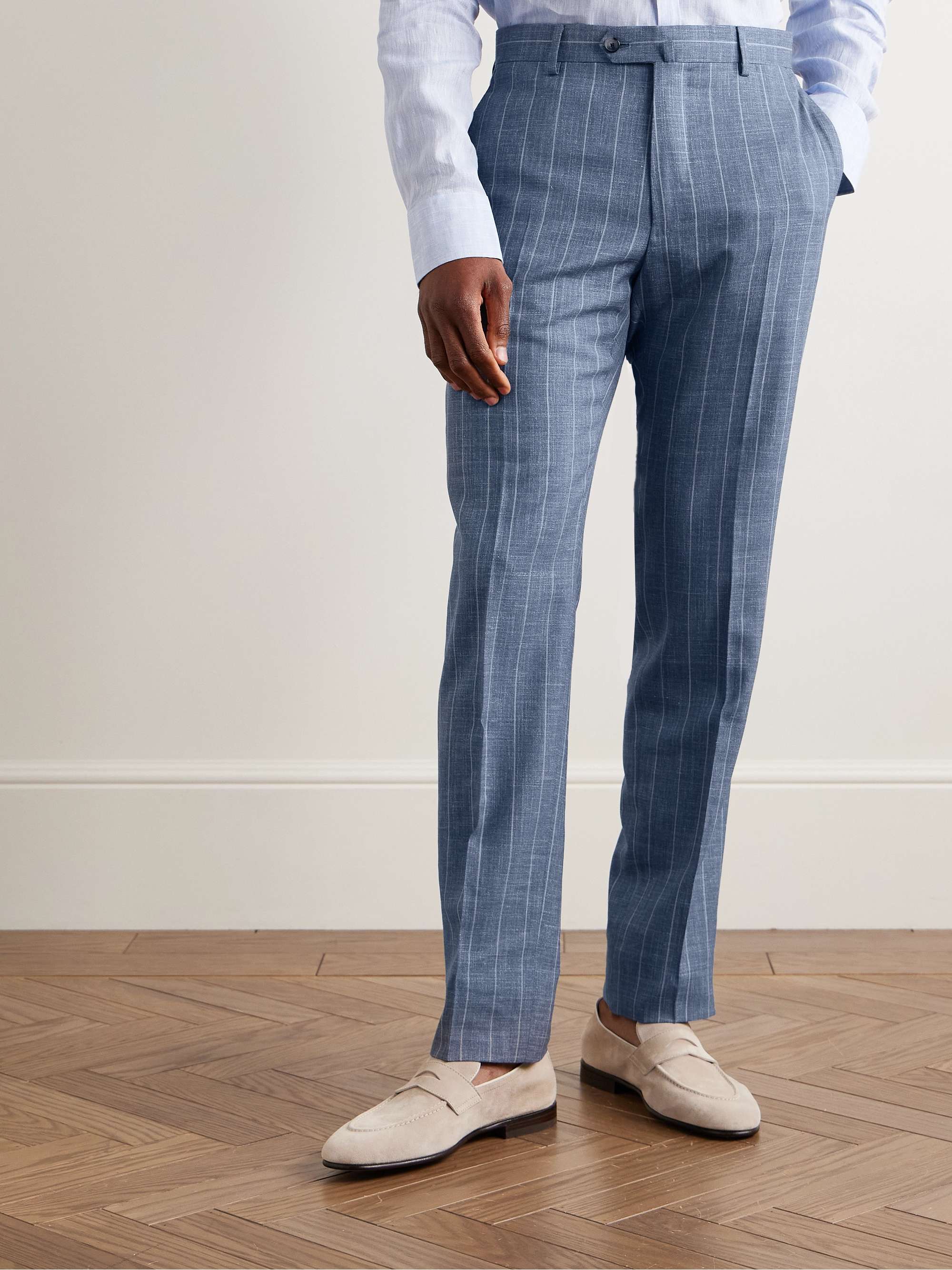 Slim-Fit Striped Wool, Silk and Linen-Blend Suit Trousers view