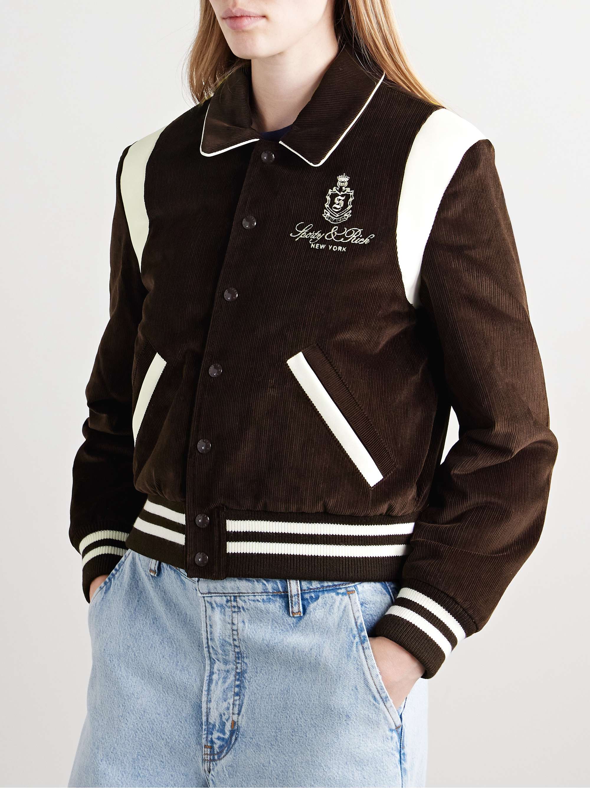 Dany leather-trimmed padded embroidered cotton-corduroy bomber jacket view