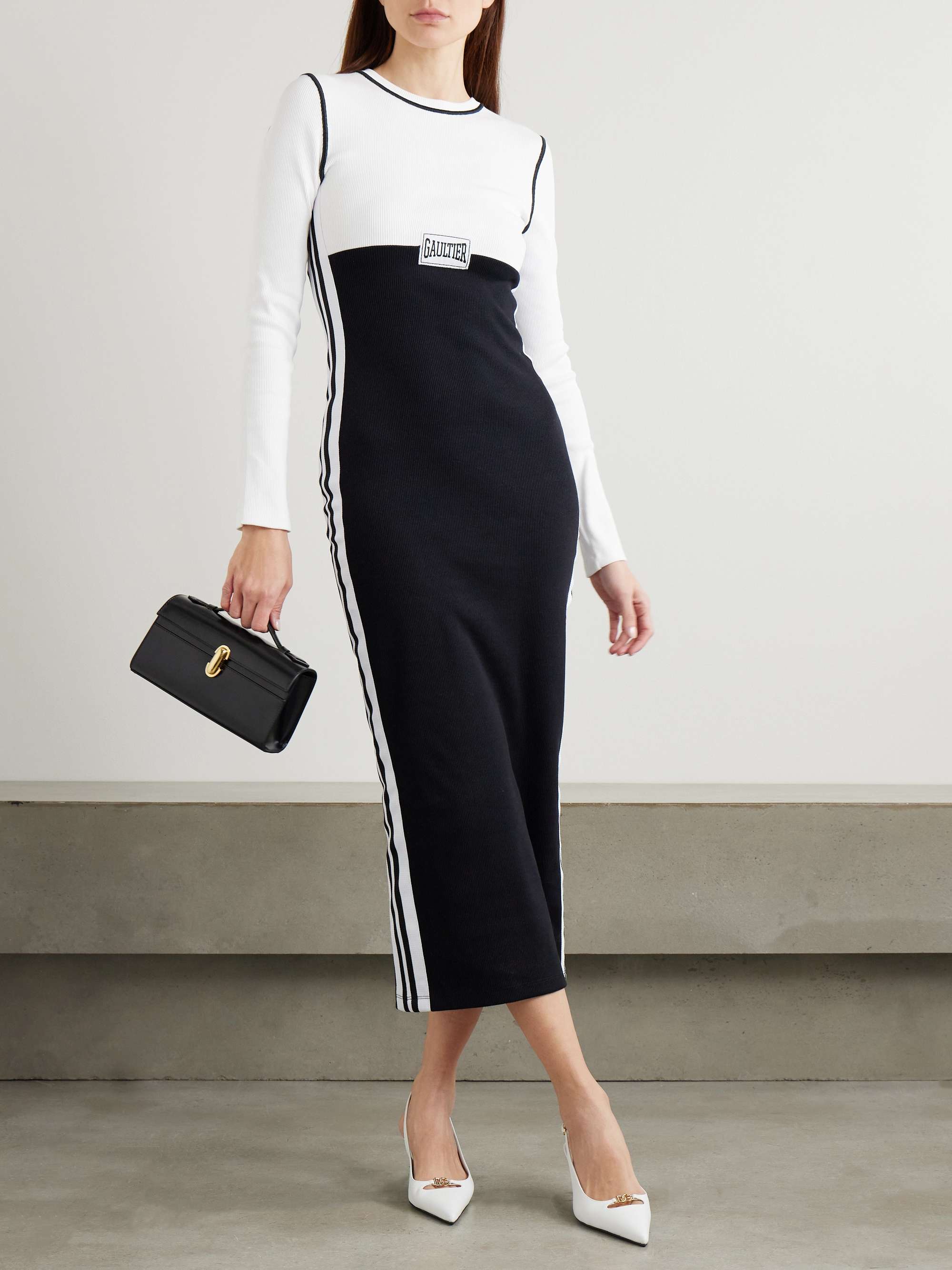 Appliquéd two-tone ribbed stretch-cotton midi dress view