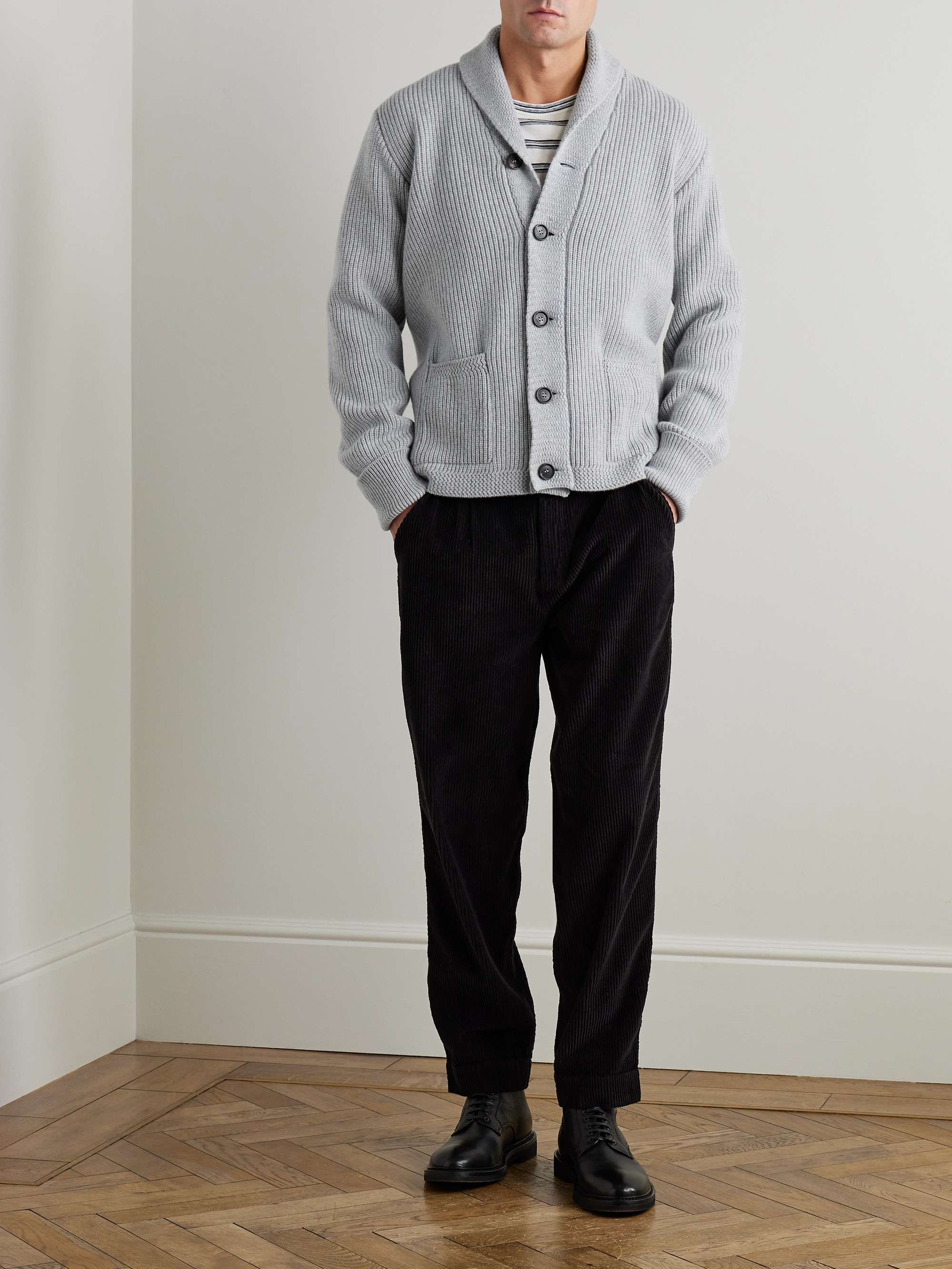 Duncan Shawl-Collar Ribbed Merino Wool and Cashmere-Blend Cardigan view