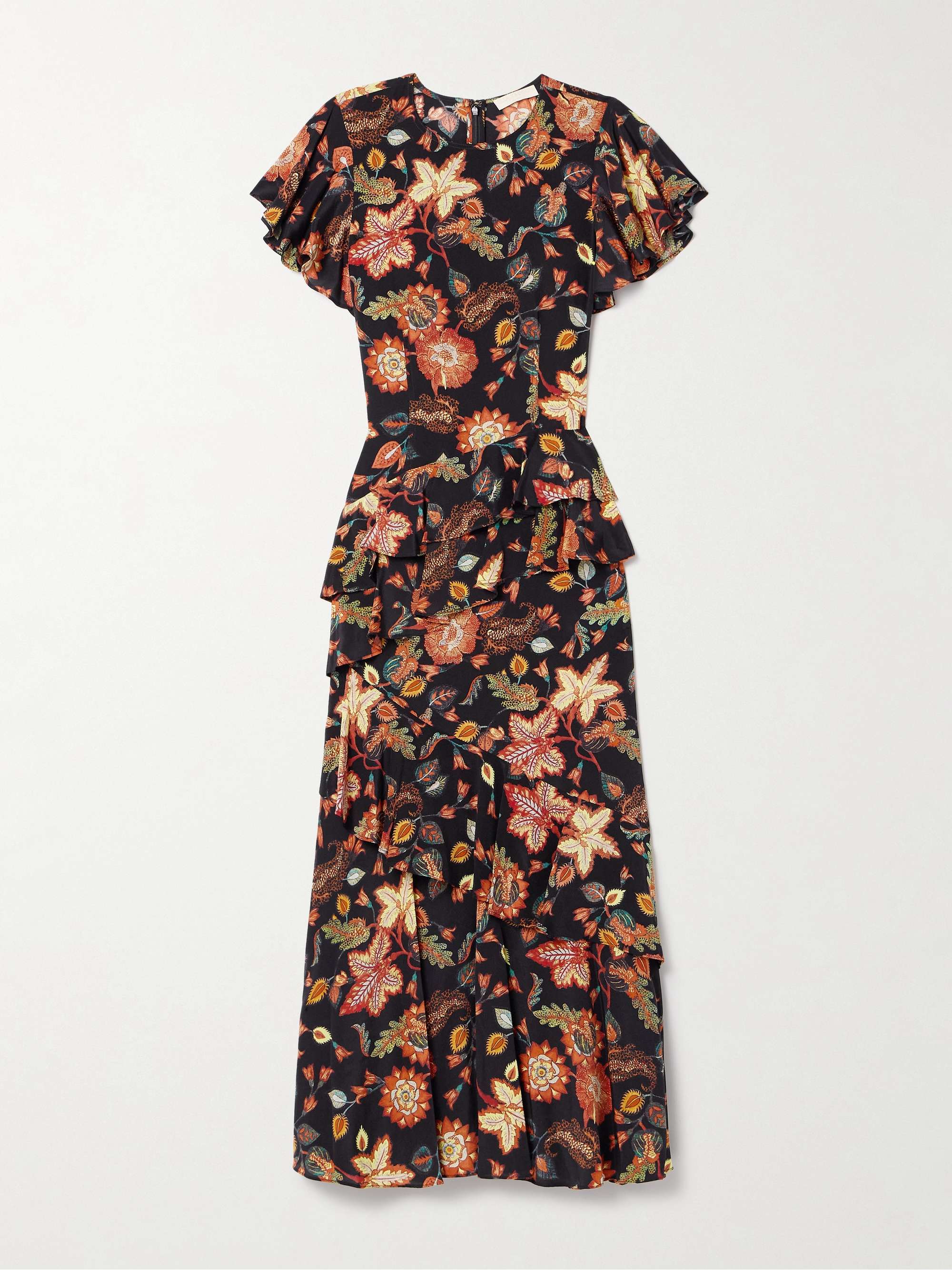 Amaia tiered ruffled floral-print silk midi dress hero visual