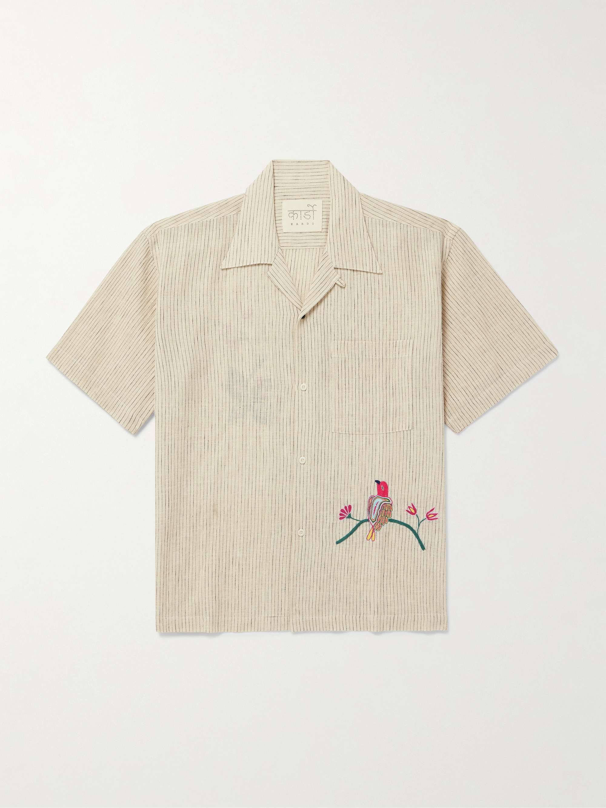 Convertible-Collar Appliquéd Embroidered Striped Cotton Shirt hero visual