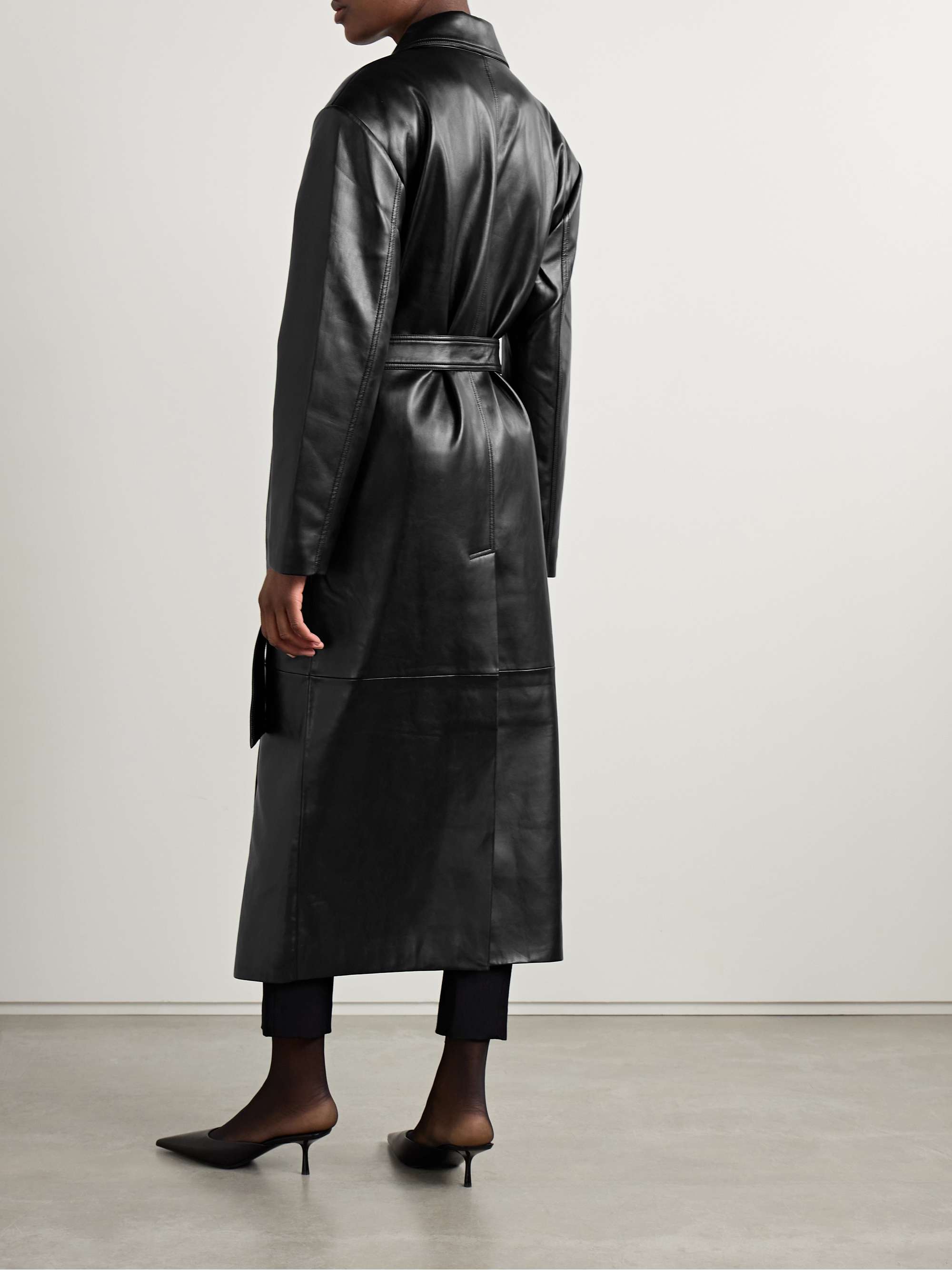 Tina belted double-breasted faux leather trench coat view