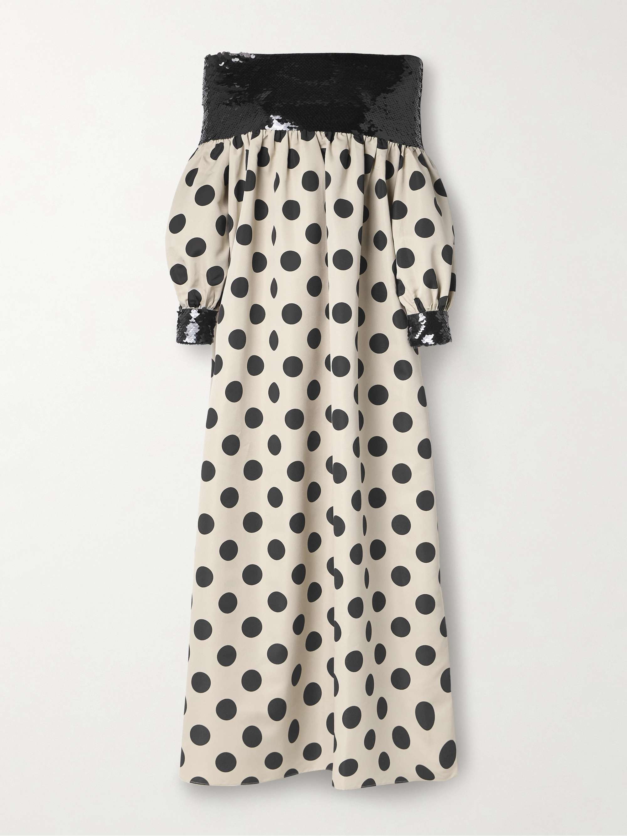 Off-the-shoulder tulle-paneled sequined polka-dot satin maxi dress hero visual