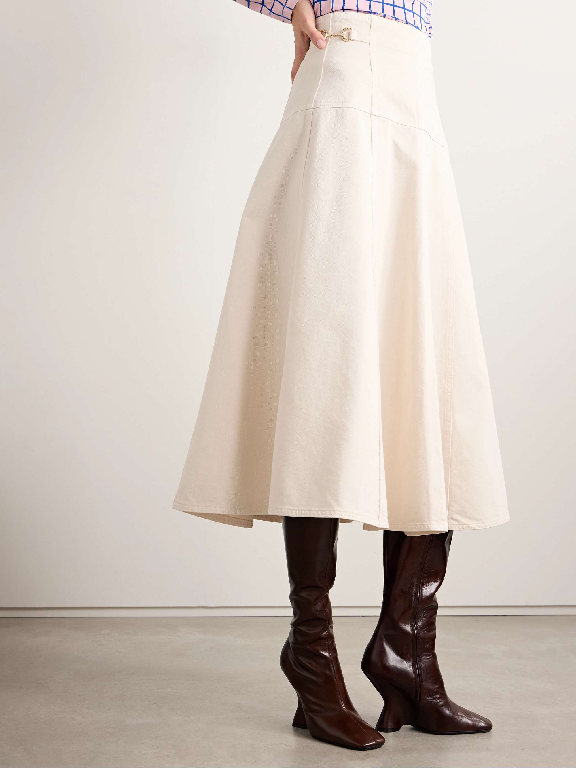 The Brigette horsebit-embellished denim midi skirt view