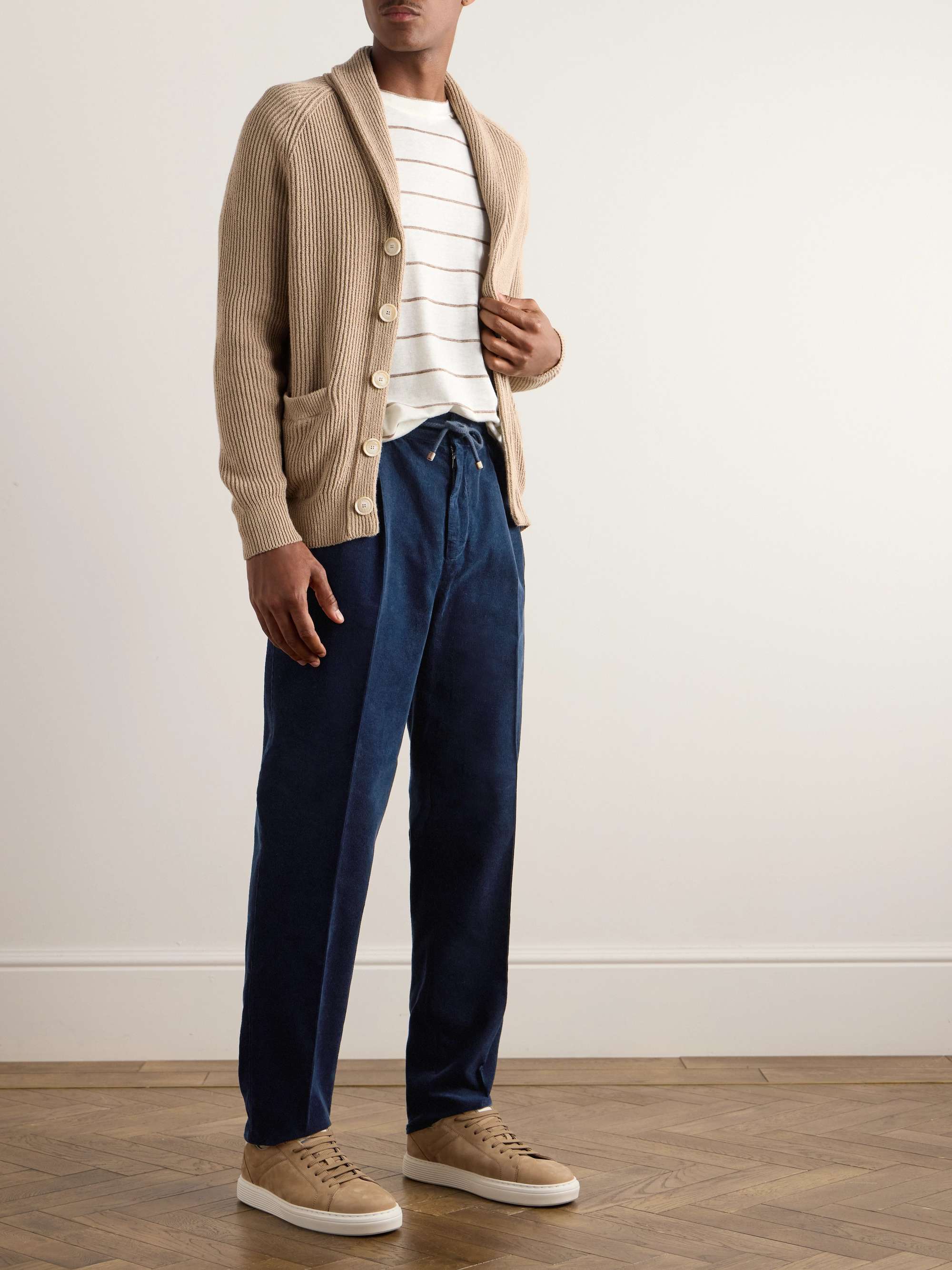 Straight-Leg Pleated Cotton-Corduroy Drawstring Trousers view