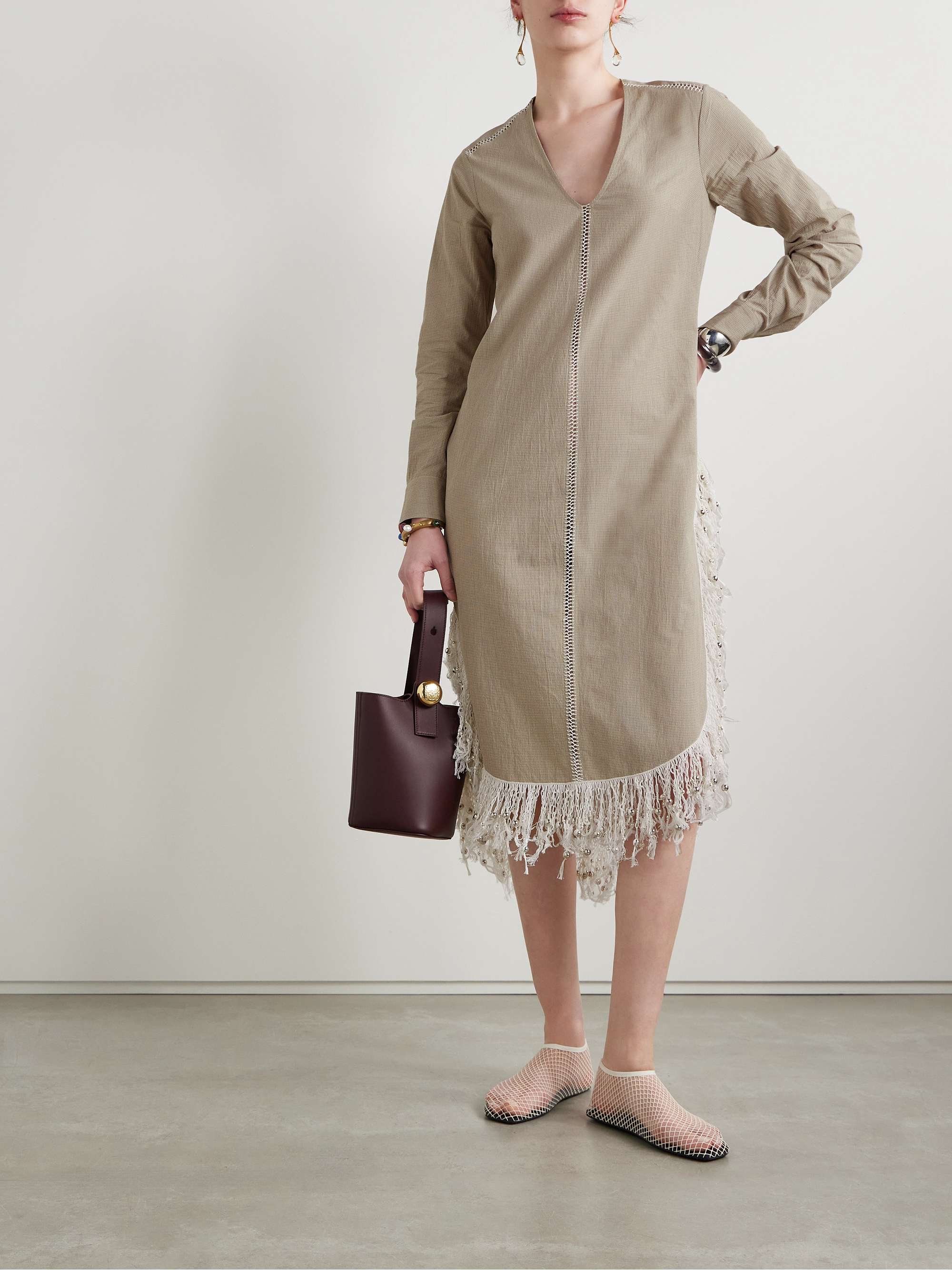 Una oversized fringed bead-embellished checked organic cotton midi dress view
