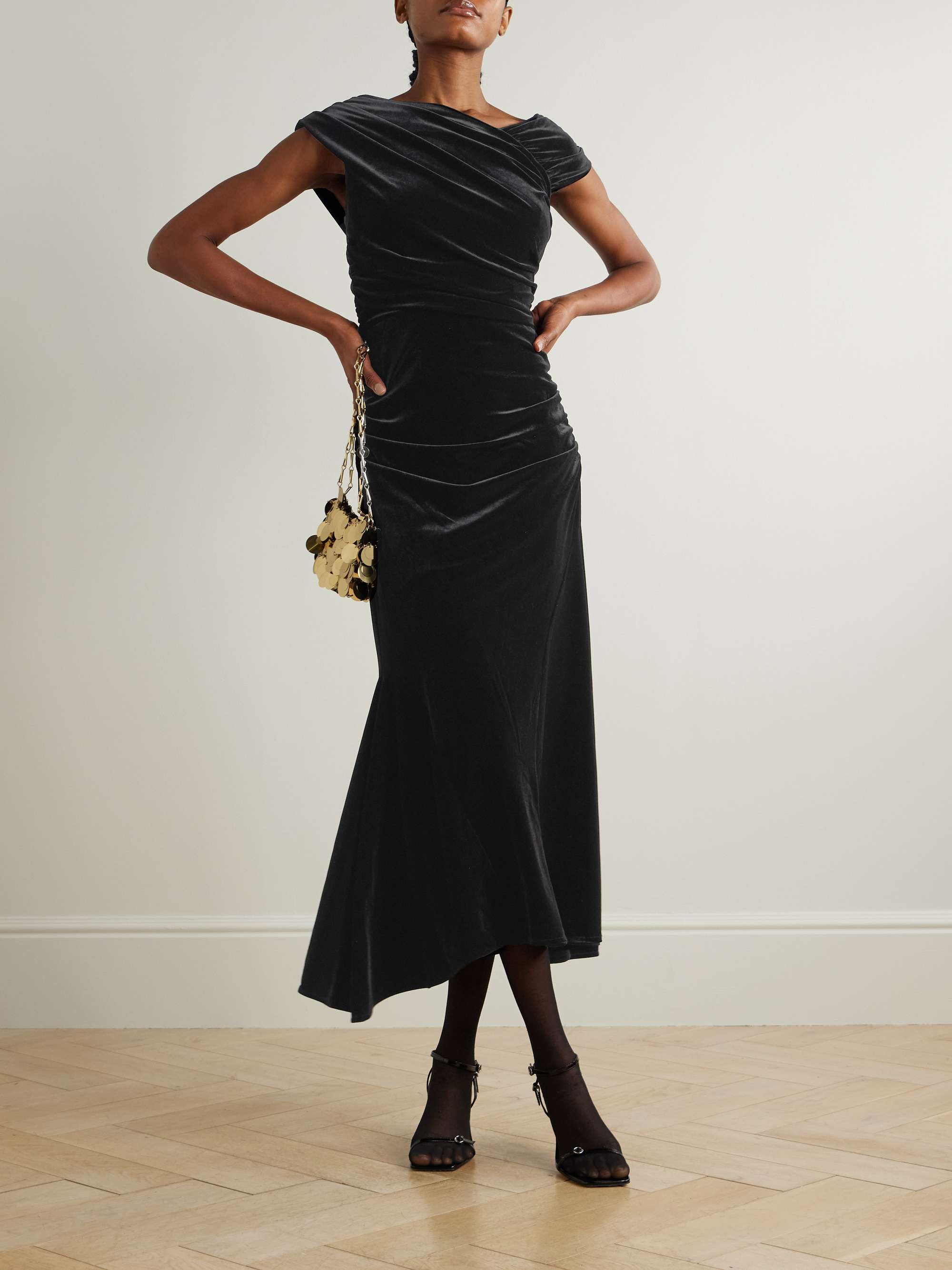 Asymmetric ruched recycled-velvet midi dress view