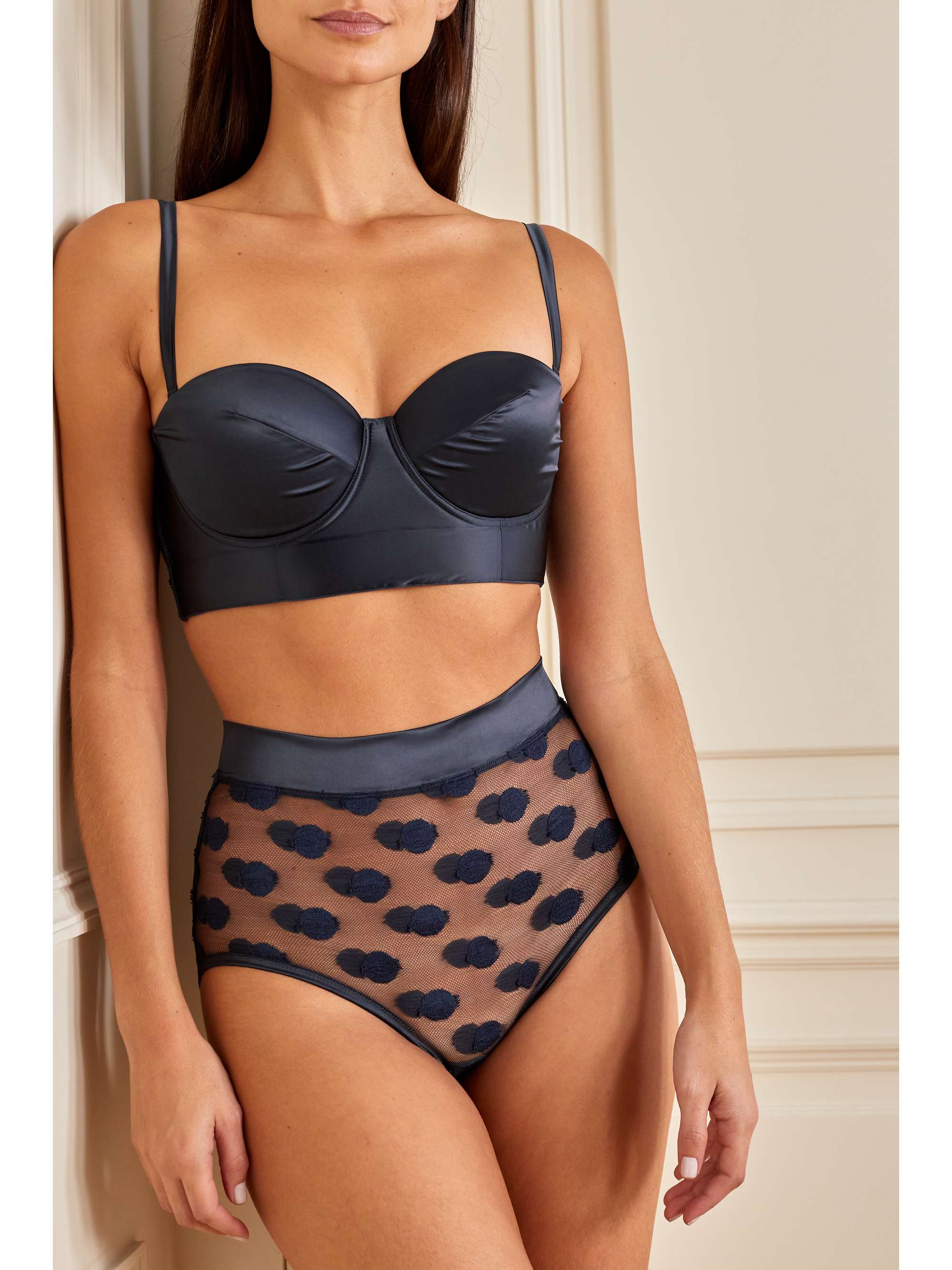 Caresses polka-dot stretch-Leavers lace and satin underwired bustier bra view